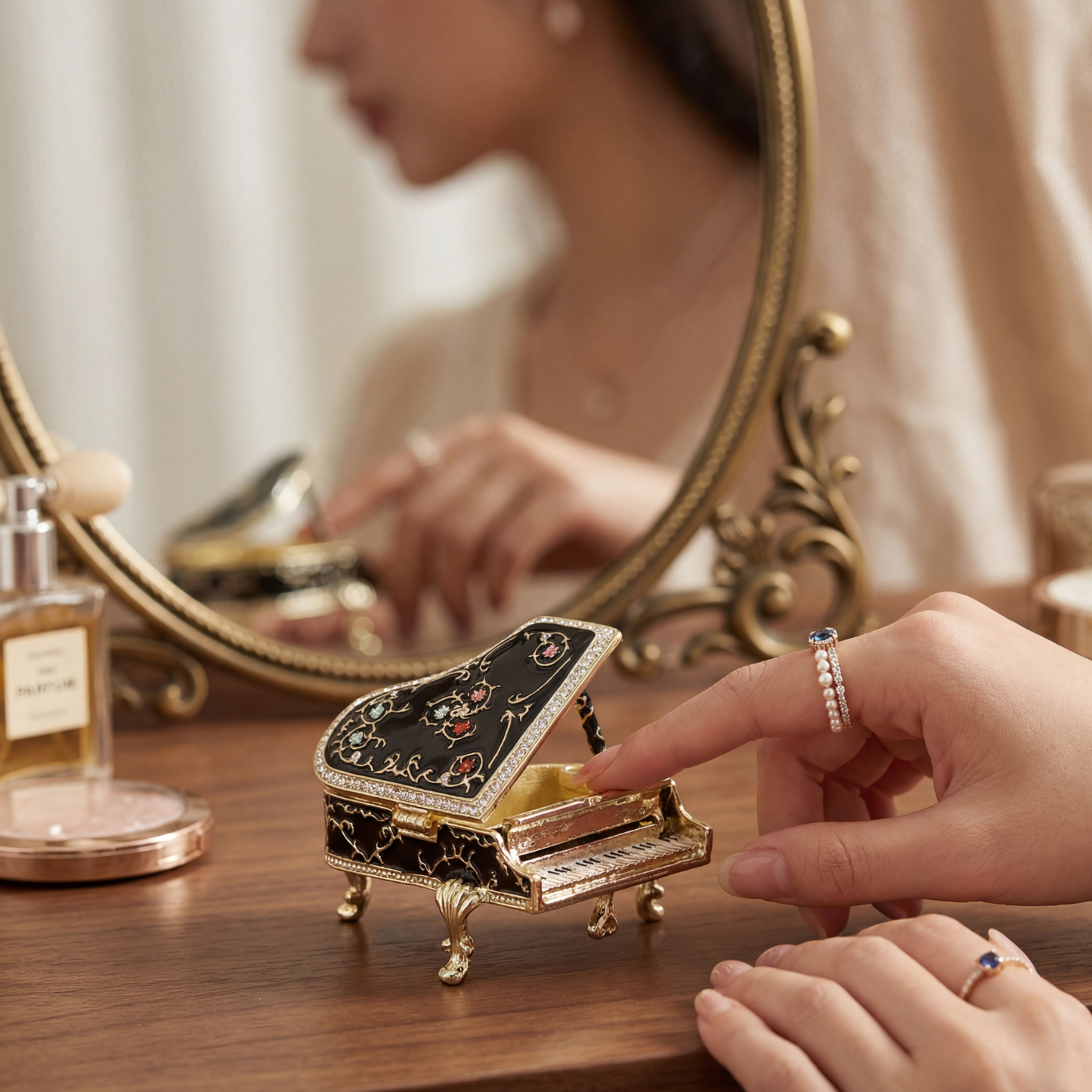 Black piano jewellery box styled as vanity decor, a small keepsake box for rings, earrings and special jewellery.