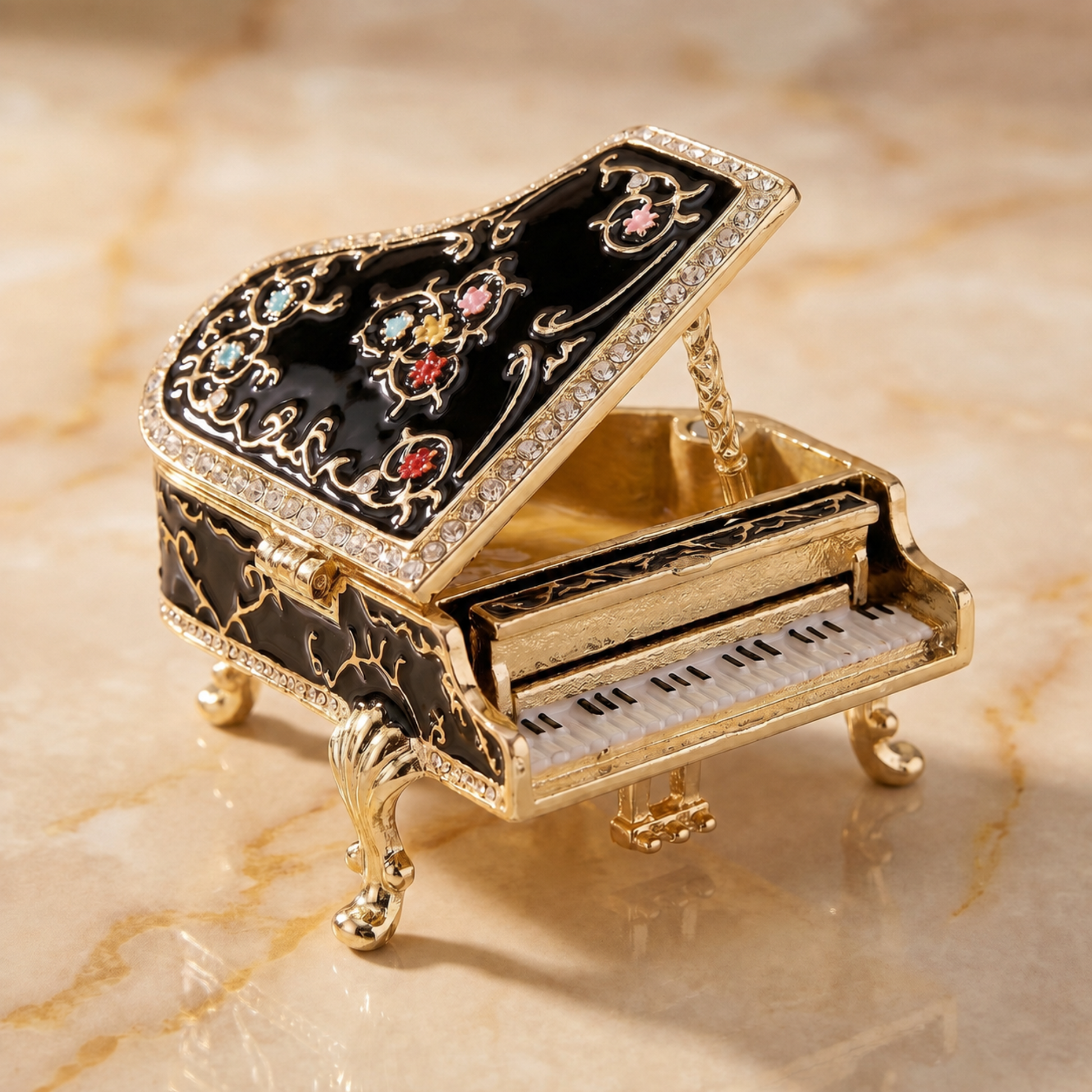 Black vintage floral grand piano jewellery box with open lid, displayed on a beige marble surface.
