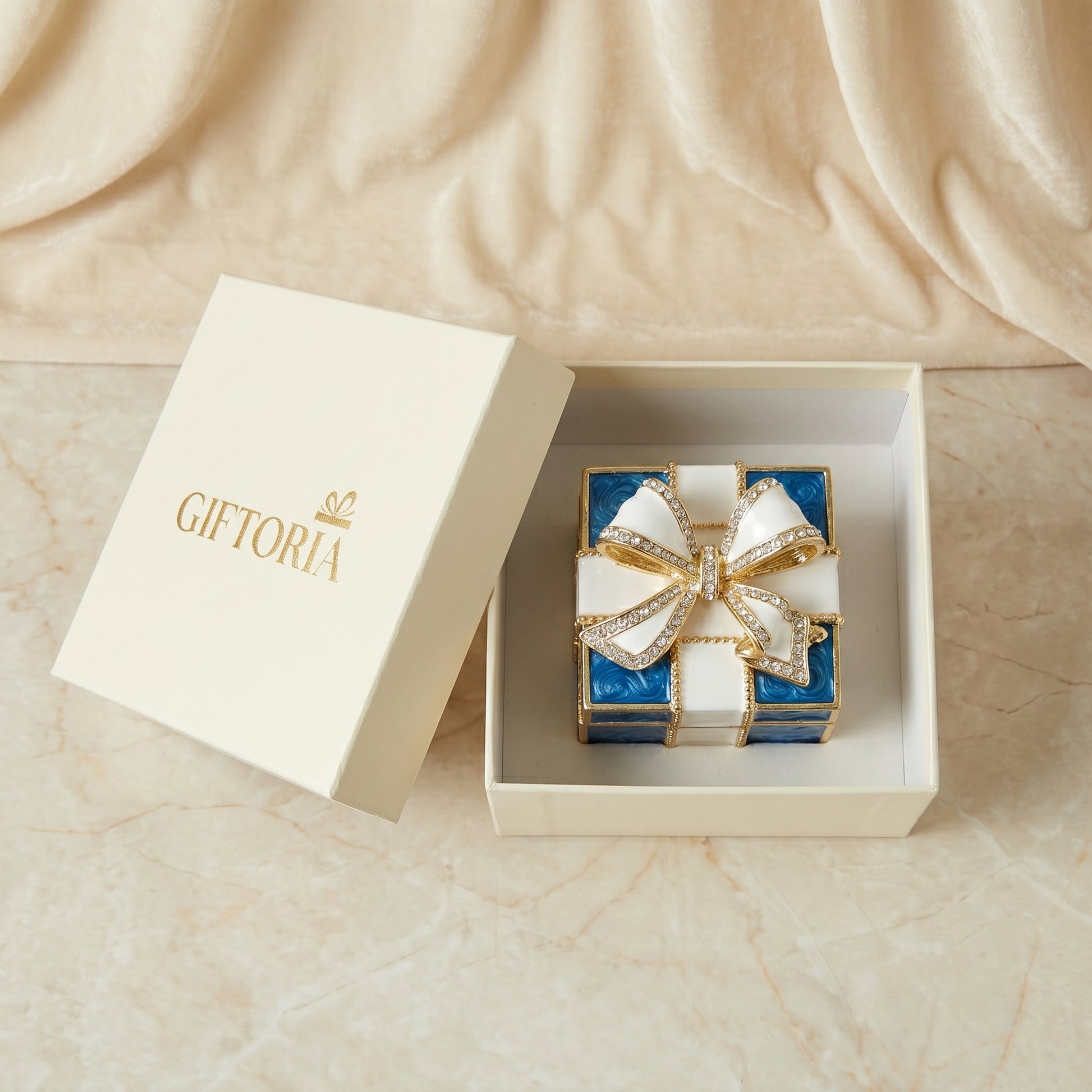 Blue vintage bow enamel crystal jewellery box with Giftoria gift packaging, luxury jewellery holder gift for her Australia