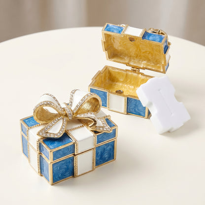 Blue bow gift box enamel crystal jewellery box with removable ring holder, elegant jewellery storage box for rings and small keepsakes