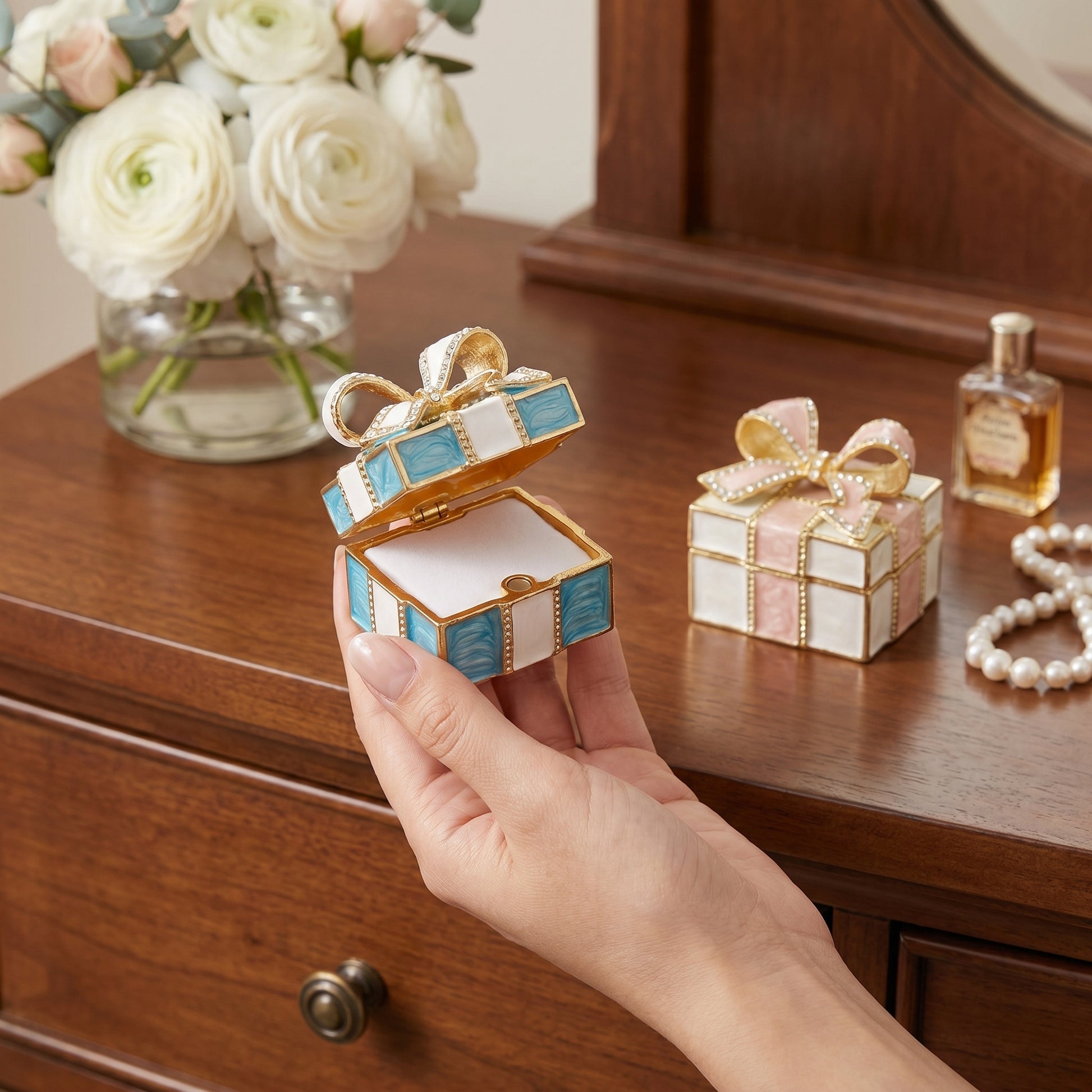 Blue vintage bow gift box enamel crystal jewellery box open on table, decorative jewellery holder and keepsake box for her