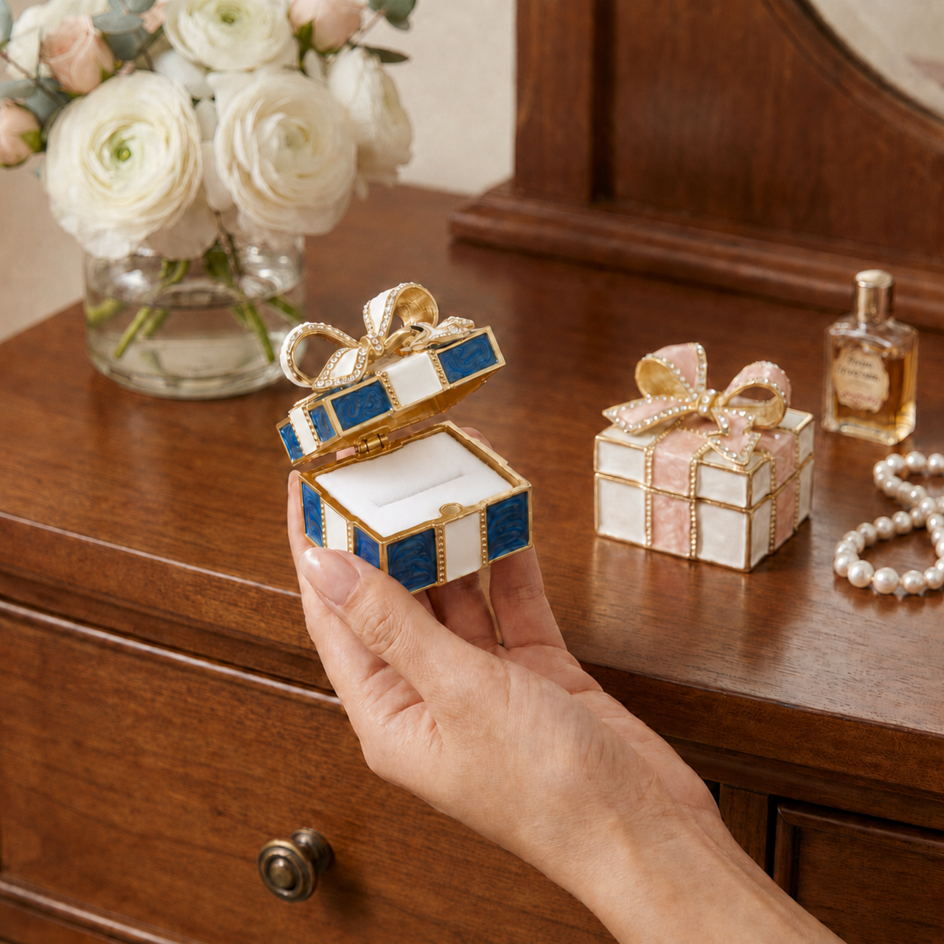 Blue vintage bow gift box enamel crystal jewellery box open on table, decorative jewellery holder and keepsake box for her