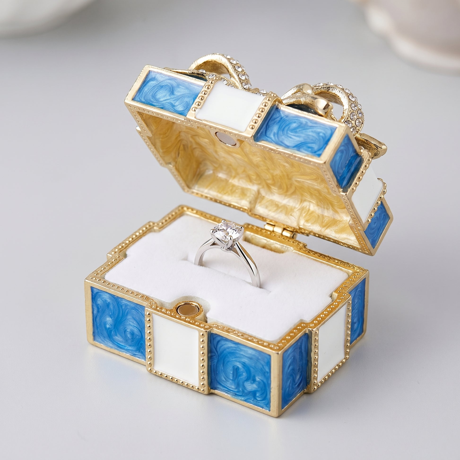 Blue enamel crystal bow jewellery box open with ring storage, vintage gift box jewellery holder for rings and small treasures