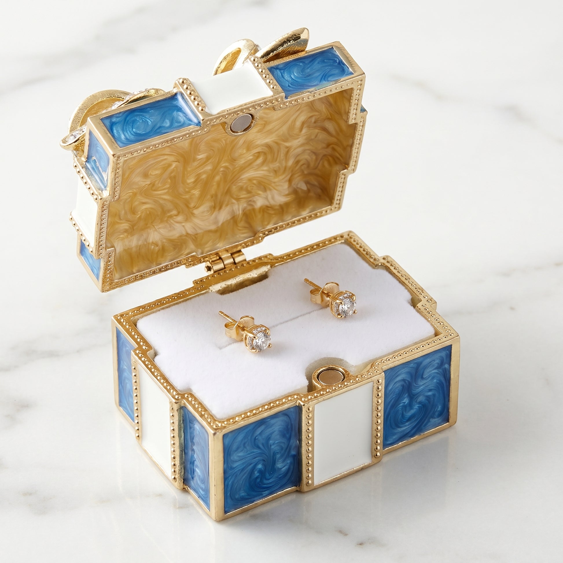 Blue gift box style enamel crystal jewellery box, small vintage jewellery storage box for rings earrings and keepsakes