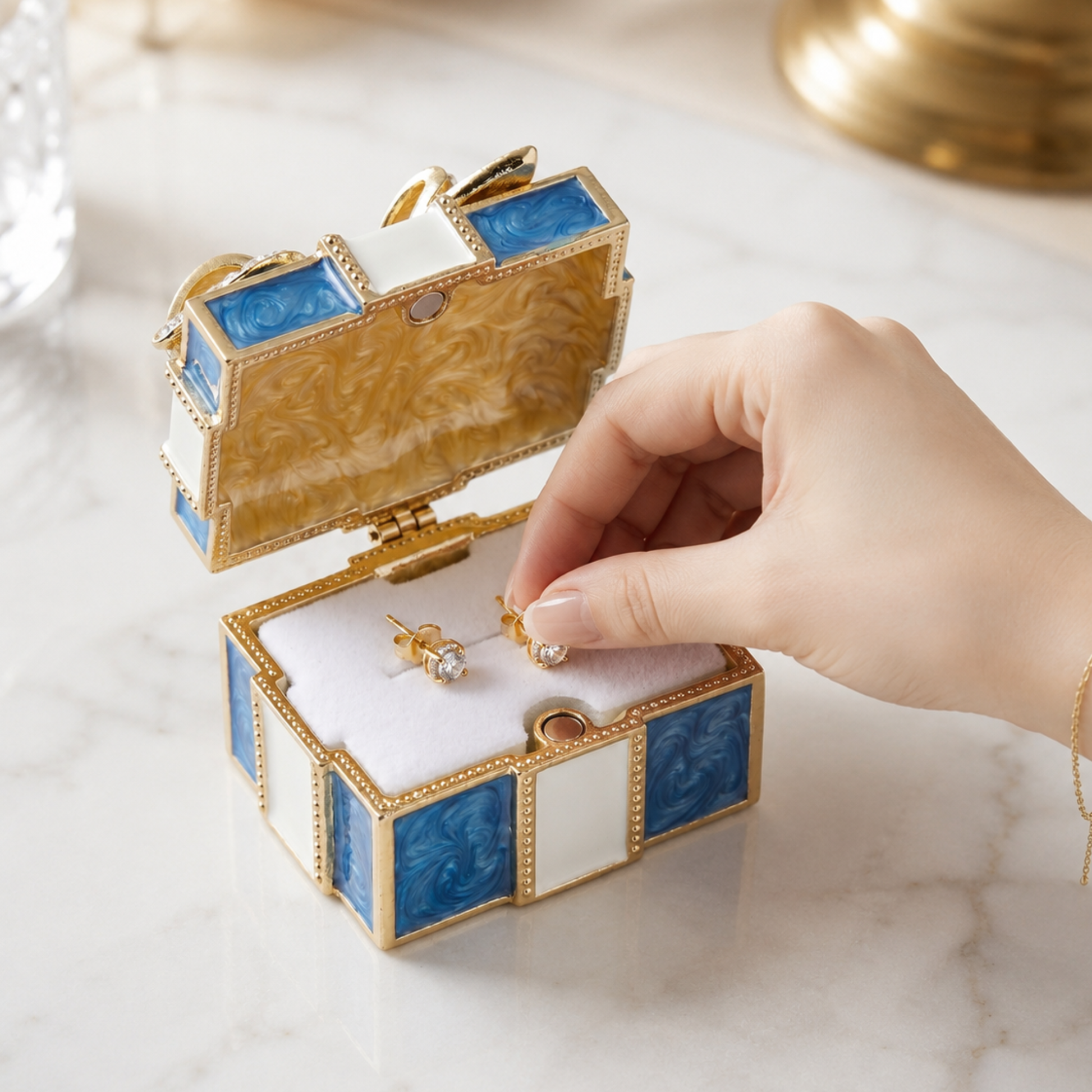 Blue gift box style enamel crystal jewellery box for earrings and ring storage, vintage jewellery keepsake box gift for her