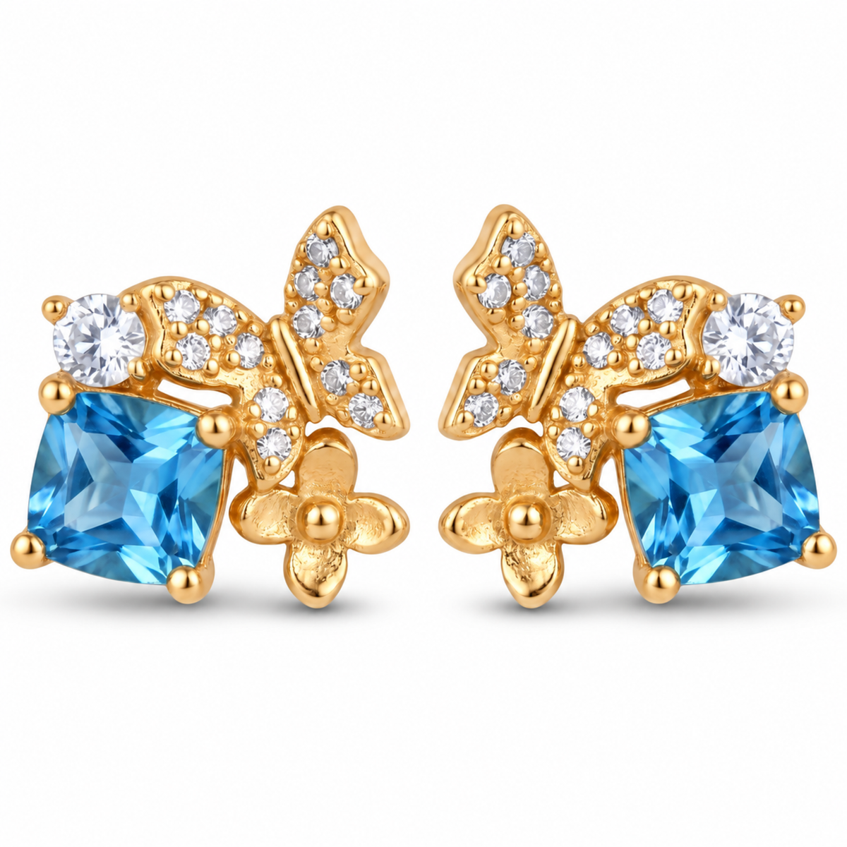 Front view of blue Gold Butterfly Garden 925 sterling silver stud earrings
