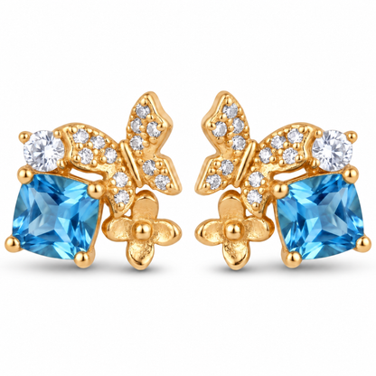 Front view of blue Gold Butterfly Garden 925 sterling silver stud earrings