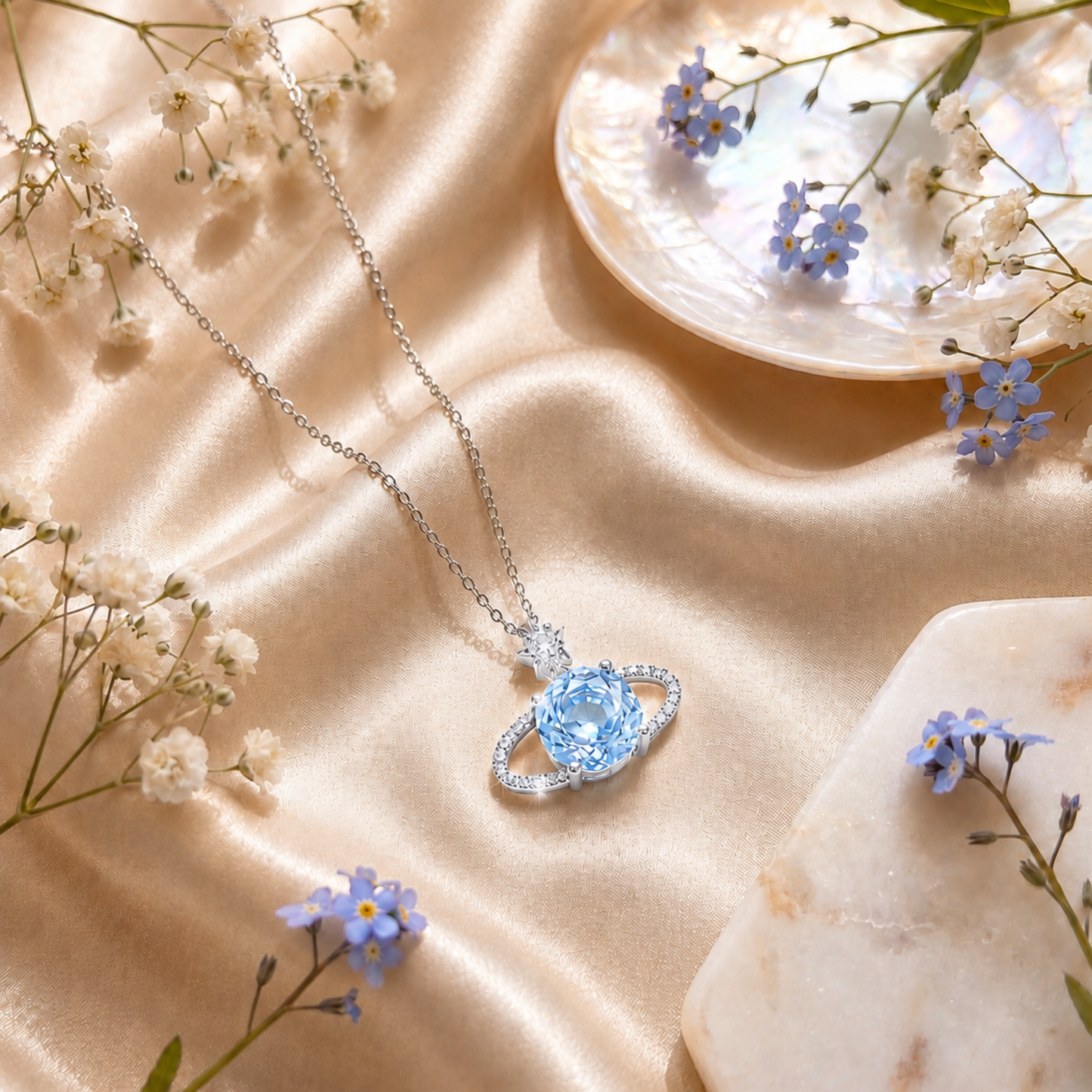 Blue Planet star necklace styled on champagne satin with delicate blue flowers