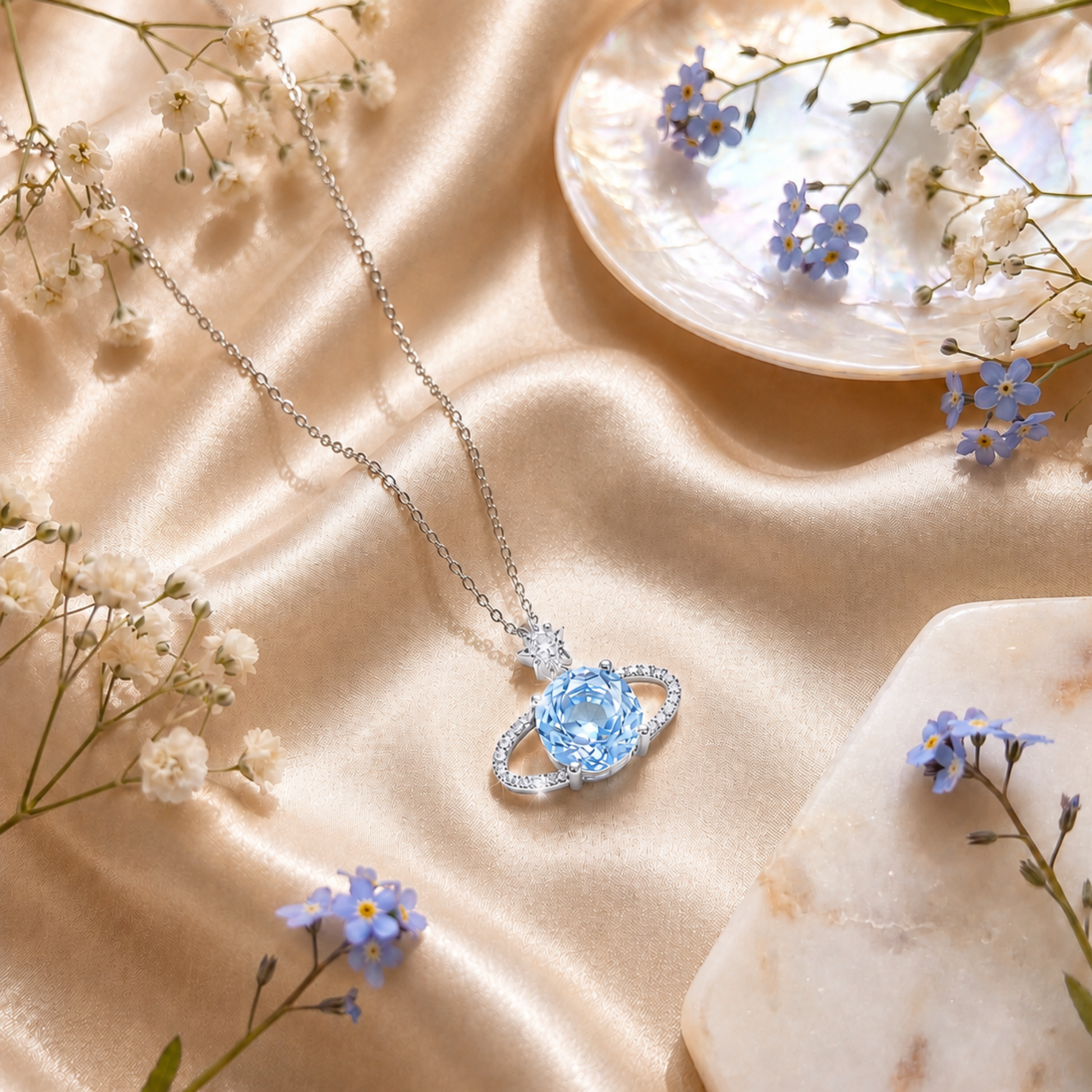 Blue Planet star necklace styled on champagne satin with delicate blue flowers