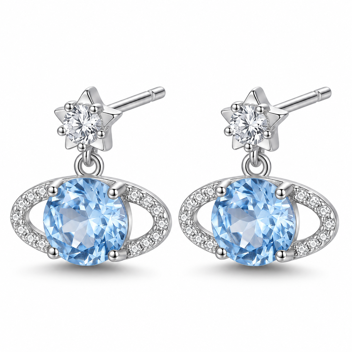 Blue Rose Saturn 925 sterling silver stud earrings with blue centre stones and silver orbit rings on a white background.