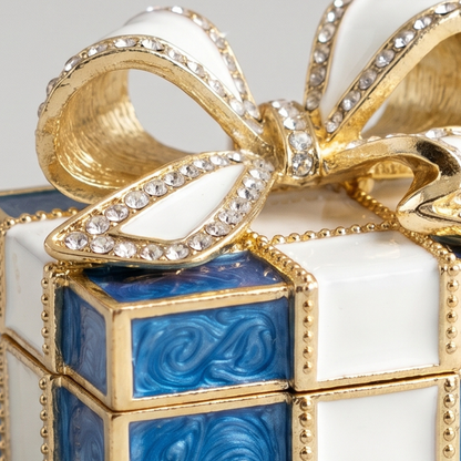 Blue vintage bow gift box enamel crystal jewellery box with gold trim and sparkling bow detail, ideal as a gift for her.