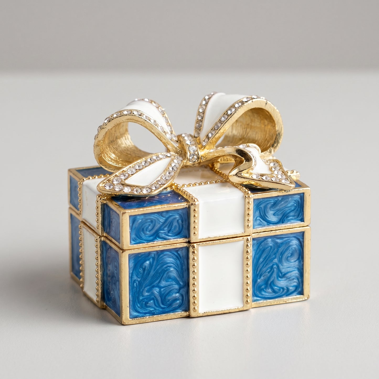 Blue vintage bow gift box enamel crystal jewellery box with gold trim and crystal bow, a decorative jewellery box gift for women.