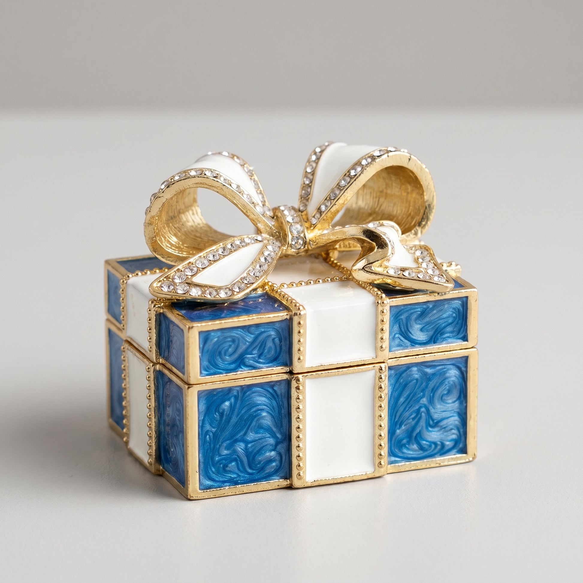 Blue vintage bow gift box enamel crystal jewellery box with gold trim and crystal bow, a decorative jewellery box gift for women.