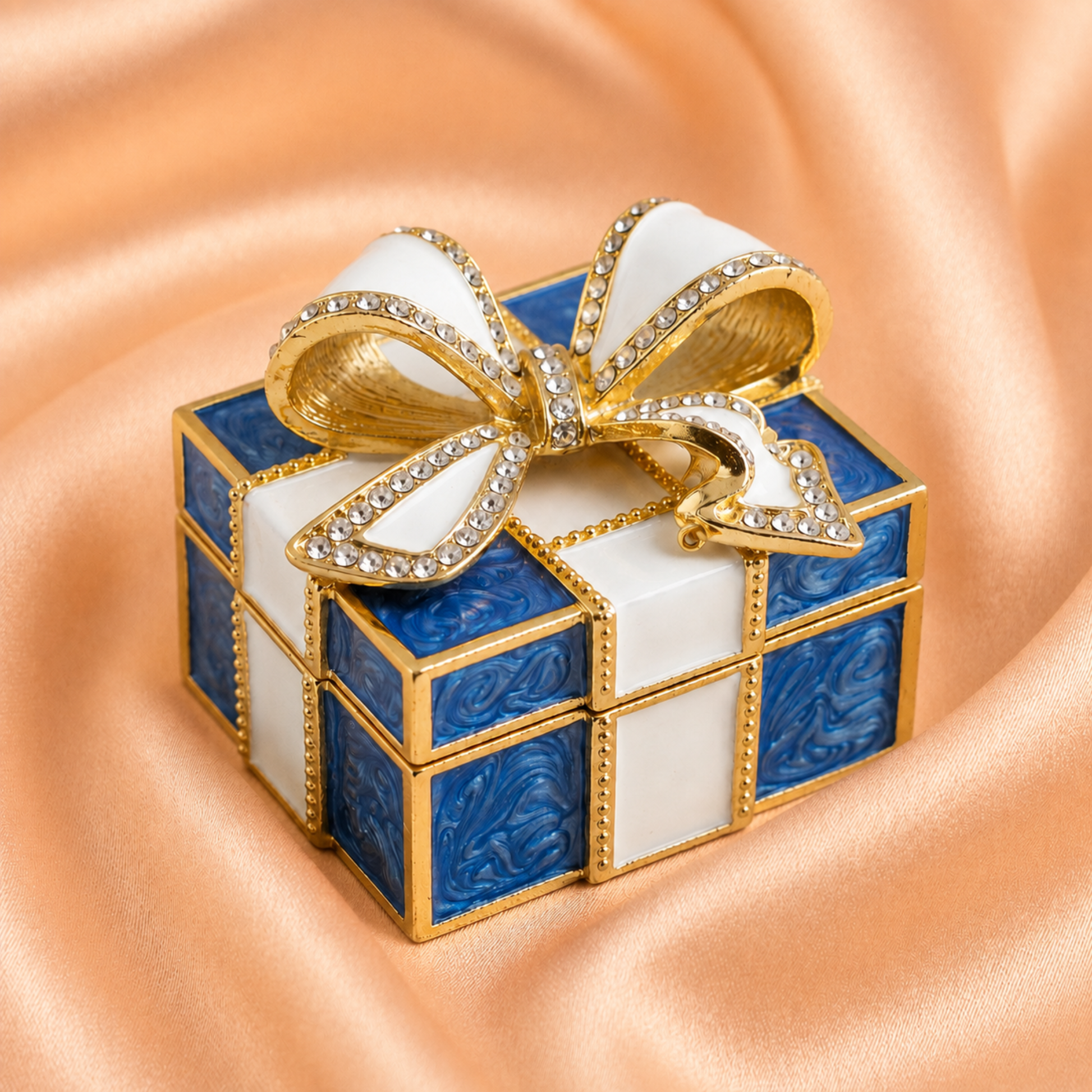 Blue vintage bow gift box enamel crystal jewellery box with gold trim and crystal bow, a decorative jewellery box gift for women.