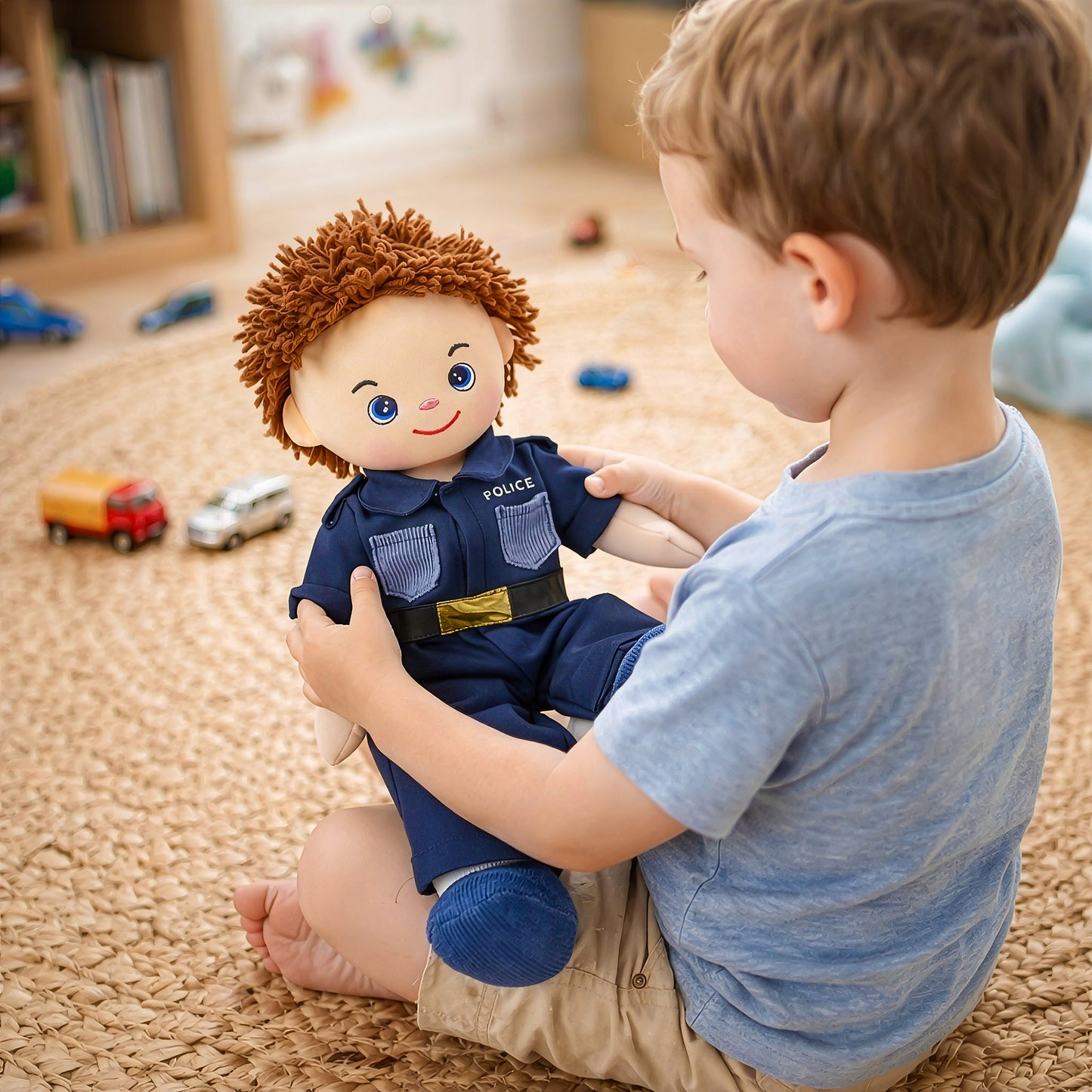Boy playing at home with Lewis police plush doll toy