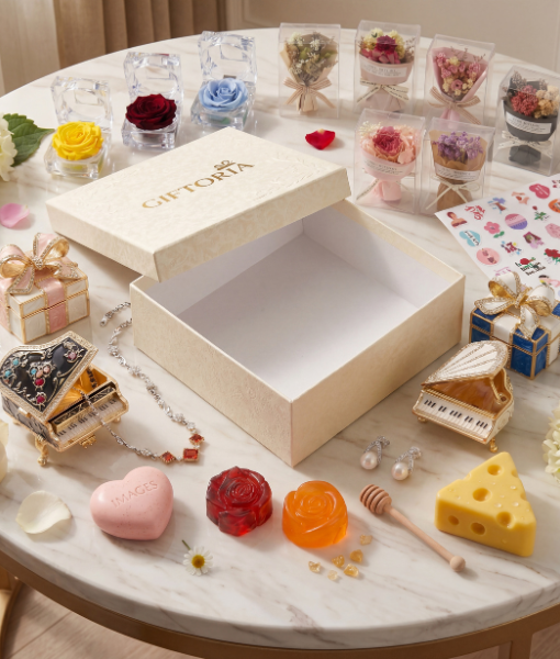 Build Your Own Gift Box Australia with elegant Giftoria gift box, jewellery, soaps and small gift items
