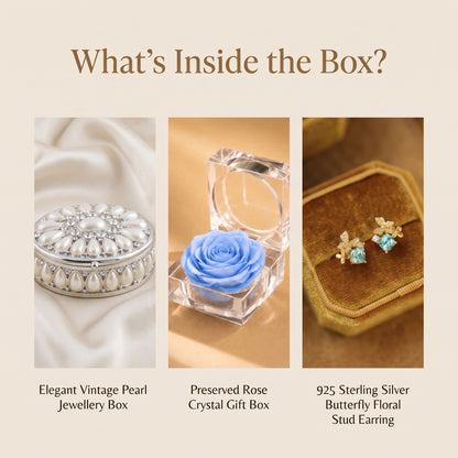 What’s inside the gift set: pearl jewellery box, blue preserved rose and gold butterfly stud earrings