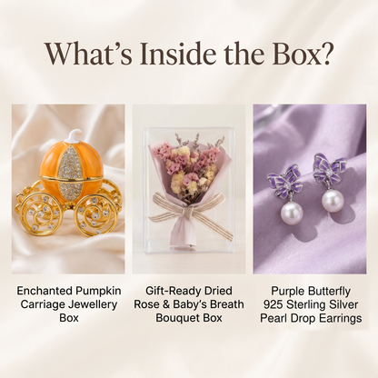 Gift set contents including butterfly pearl earrings, dried rose bouquet and pumpkin carriage jewellery box