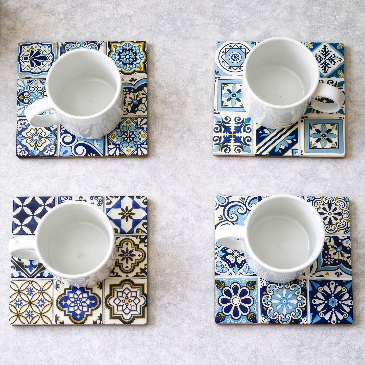 Ceramic coaster set 4pcs with four different blue tile designs