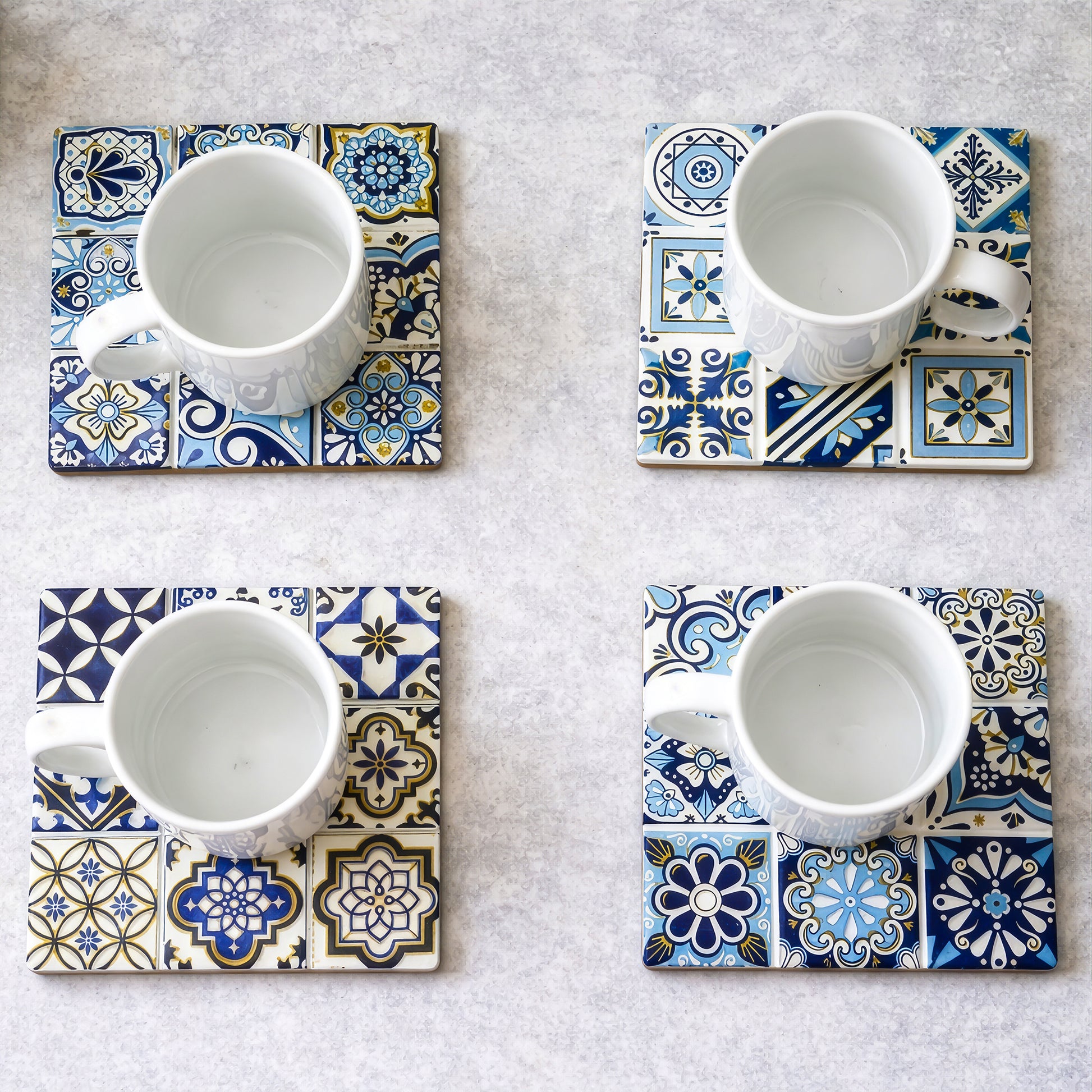 Ceramic coaster set 4pcs with four different blue tile designs