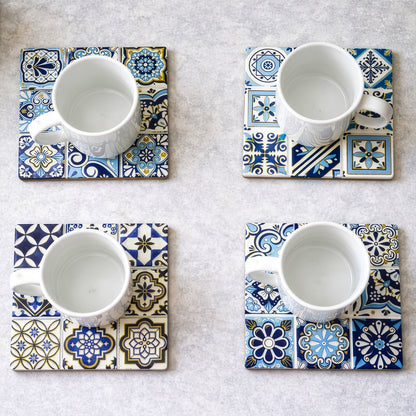 Ceramic coaster set 4pcs with four different blue tile designs