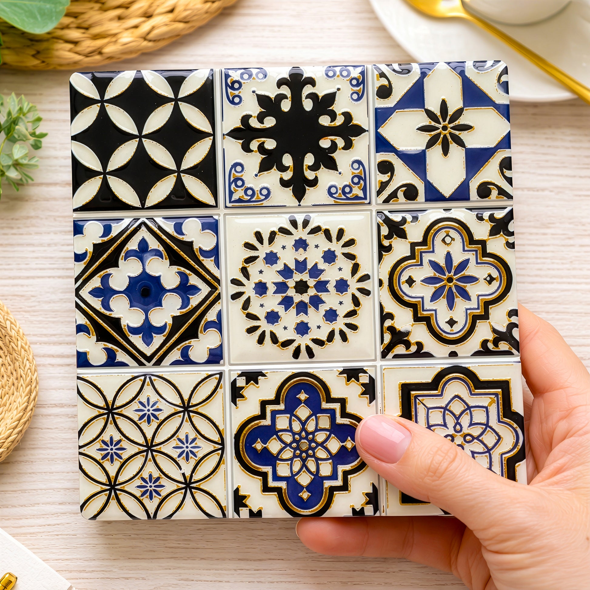 Blue patterned ceramic drink coasters square design close up detail