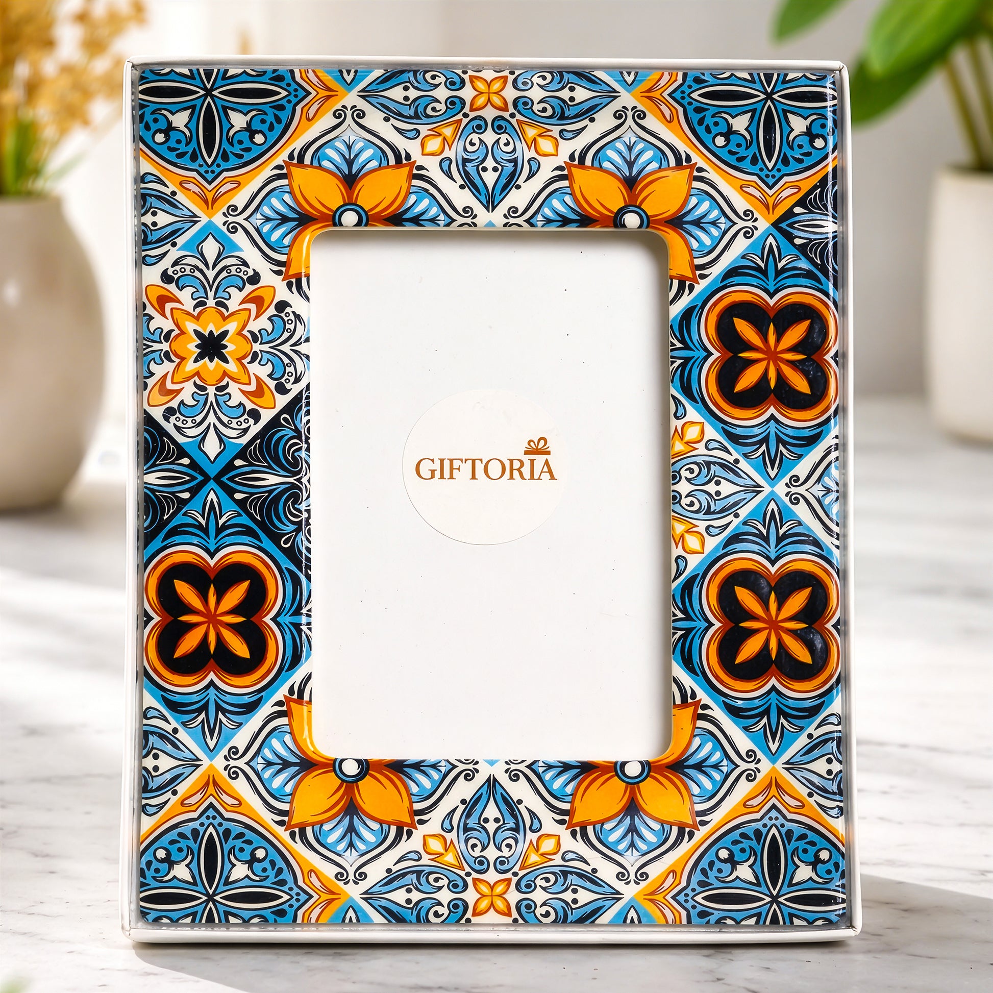 Decorative ceramic photo frame with blue and orange pattern