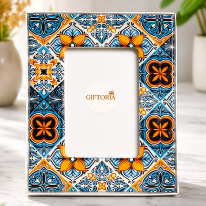 Decorative ceramic photo frame with blue and orange pattern