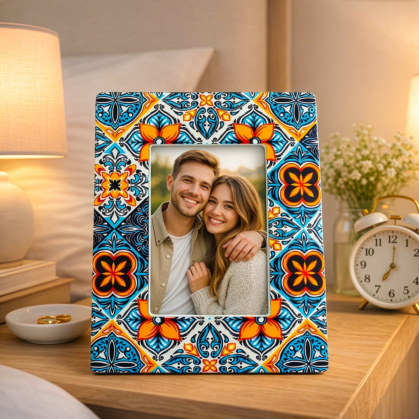 Ceramic picture frame styled on bedside table as home decor