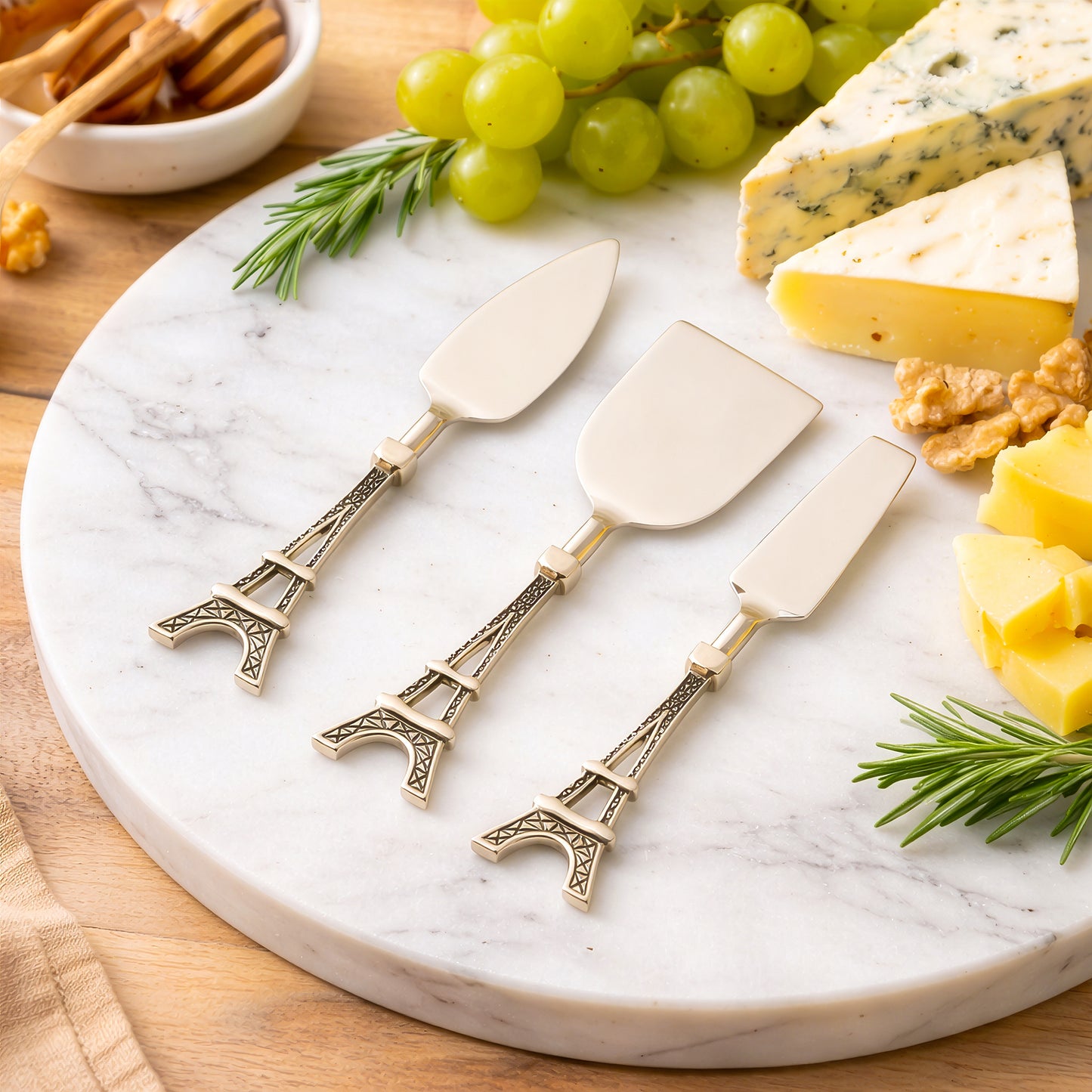 Cheese knife set 3pcs elegant gift for her on marble board