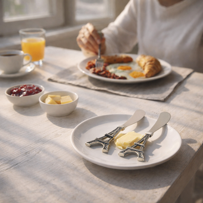 Cheese spreader set on breakfast table with butter and croissant