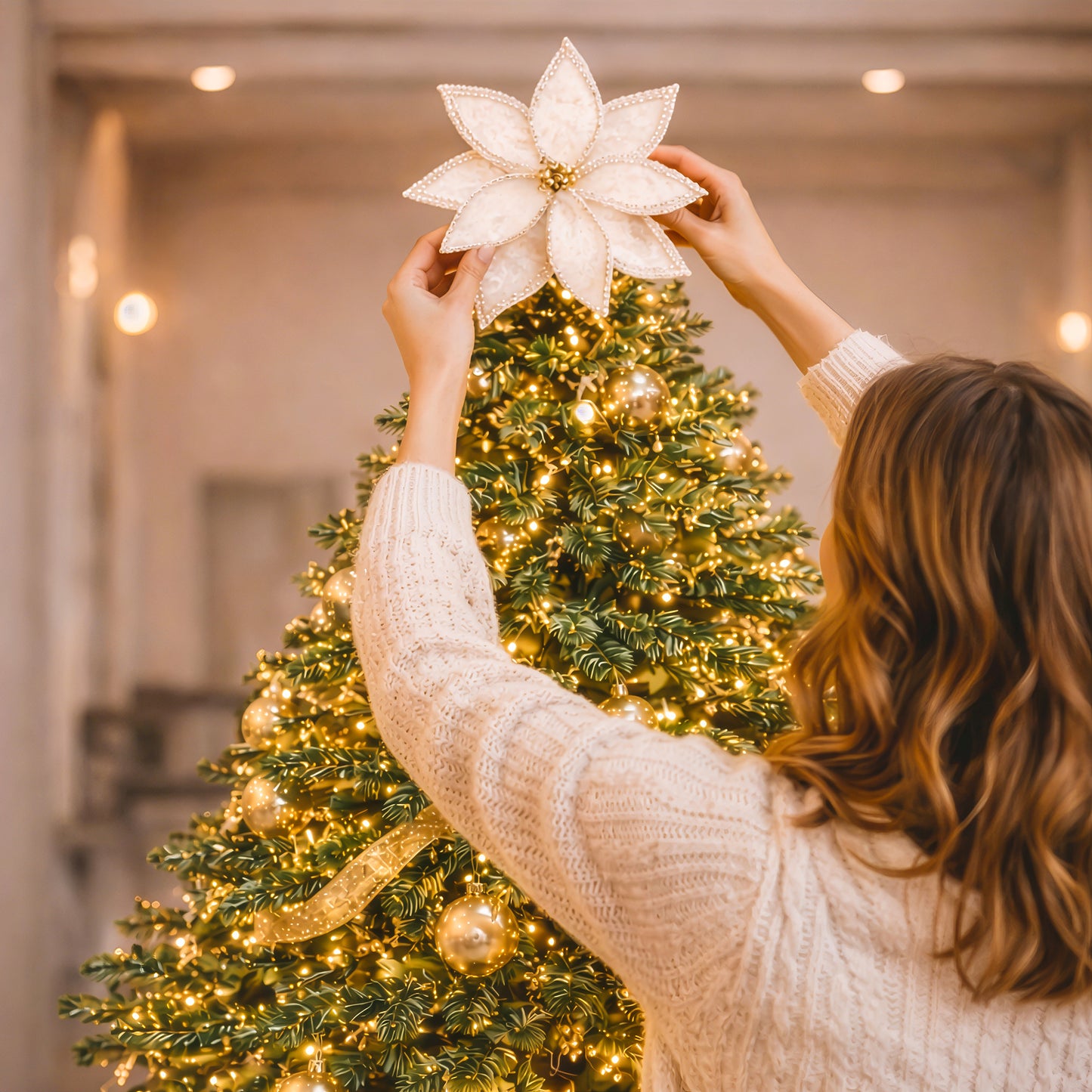 Champagne christmas poinsettia decoration clip on christmas tree