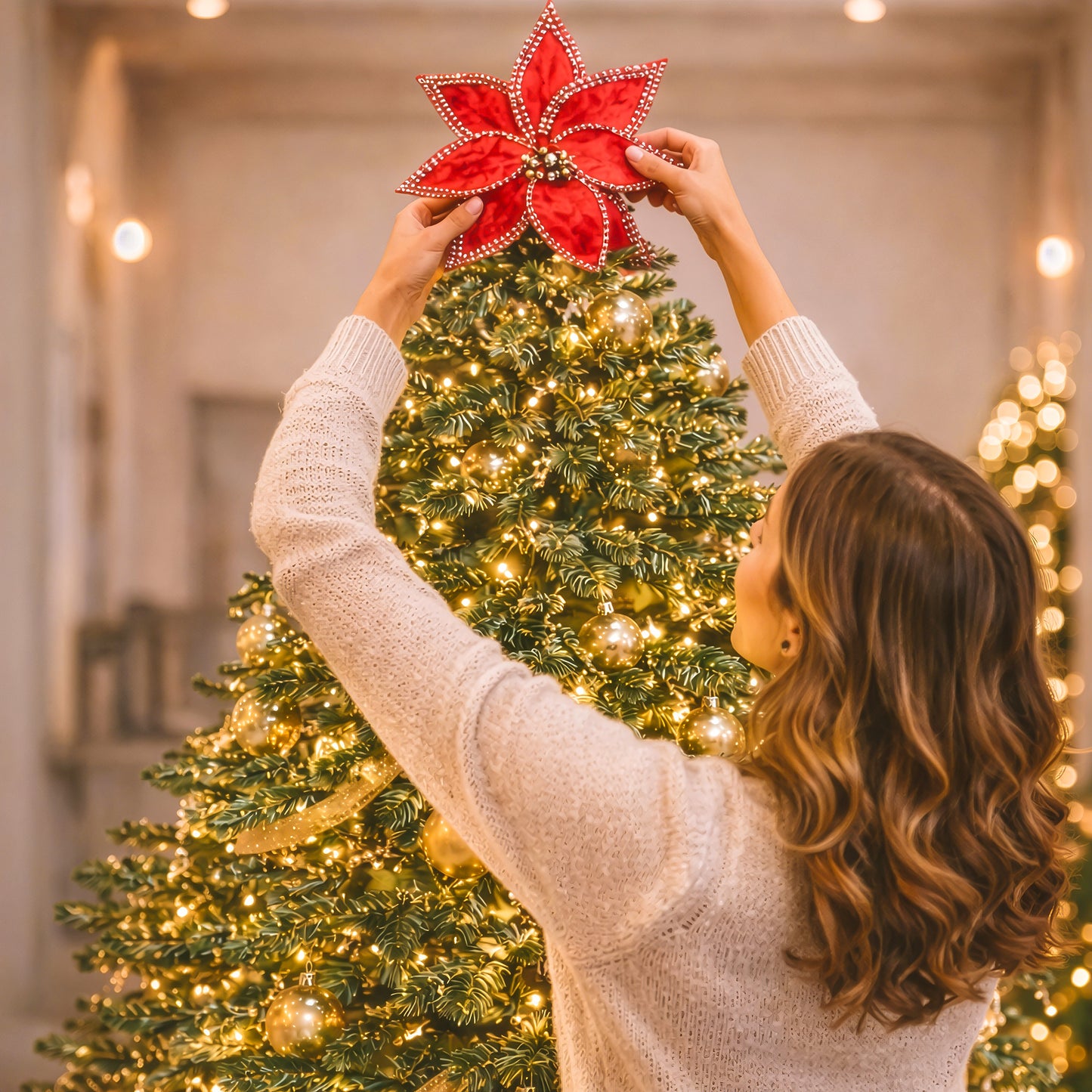 Red christmas poinsettia decoration clip on christmas tree