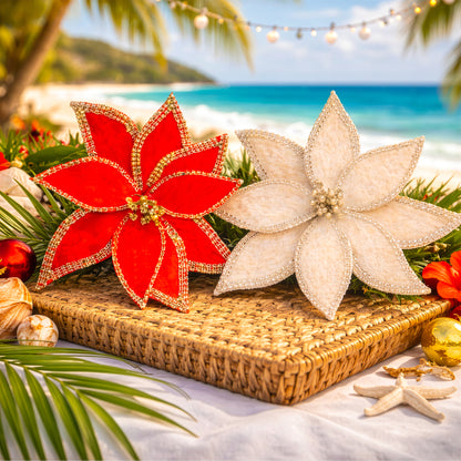 Red and champagne christmas poinsettia decoration clips