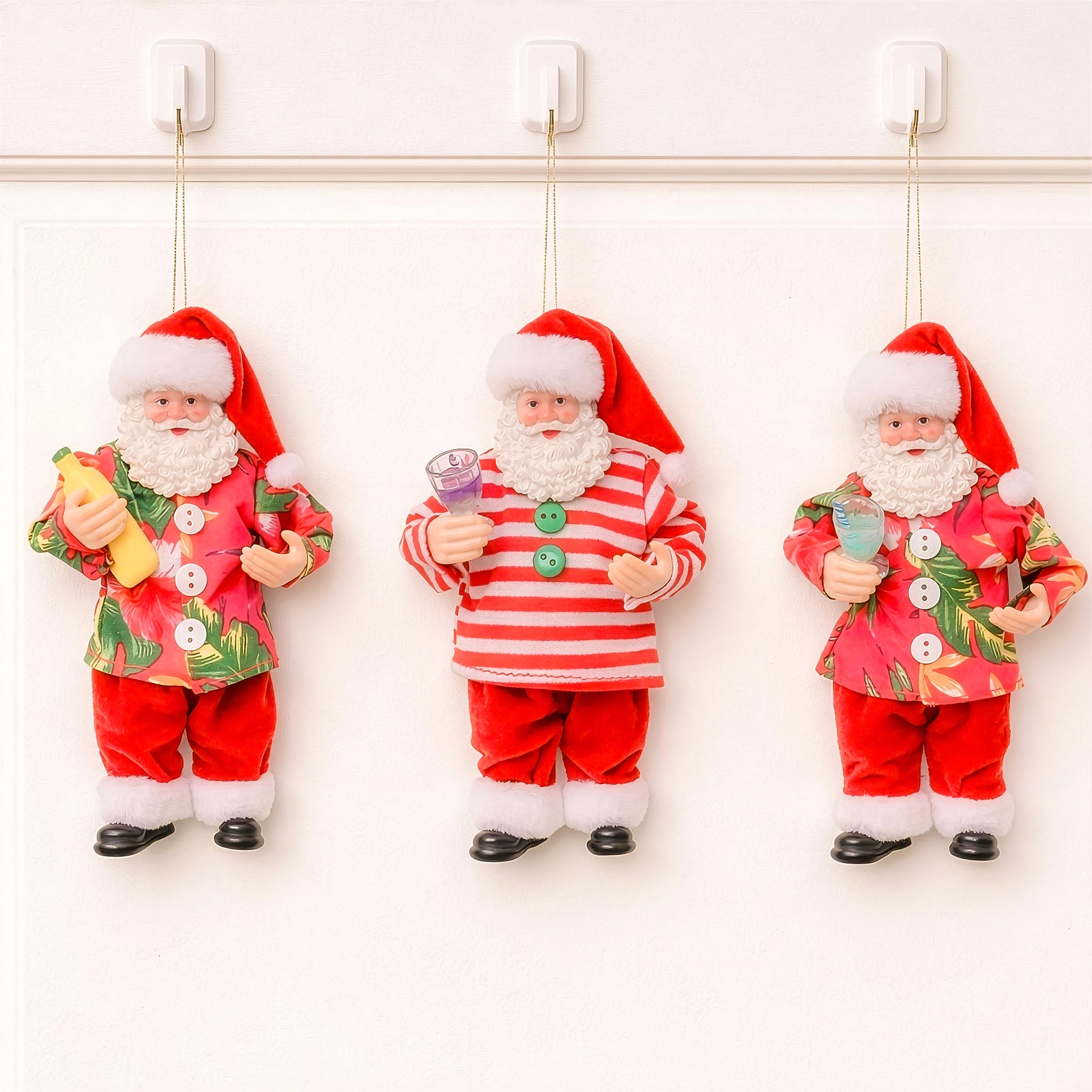 Christmas Santa ornaments displayed hanging on wall hooks for festive home decor