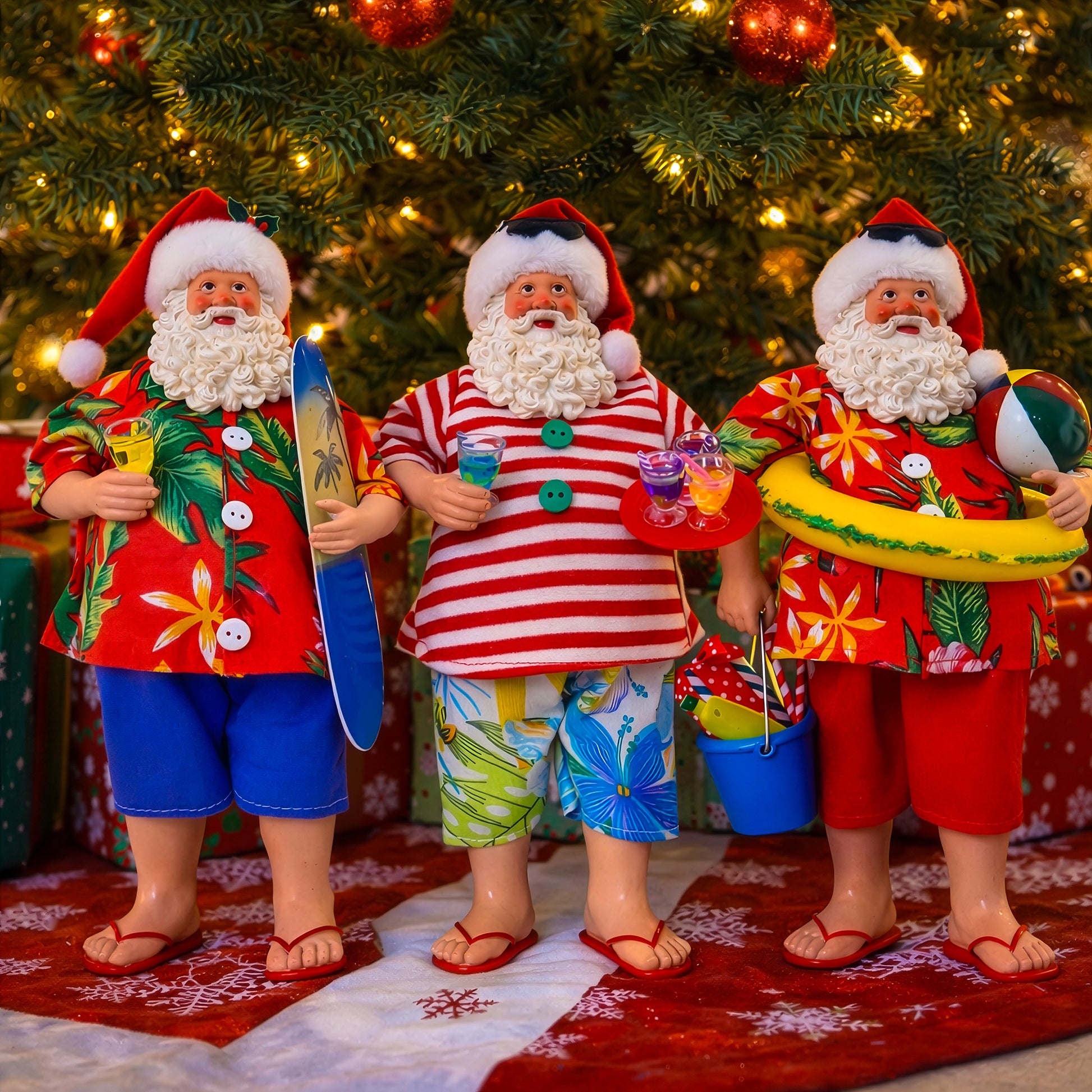 Australian Santa figurines displayed in front of Christmas tree for festive holiday styling
