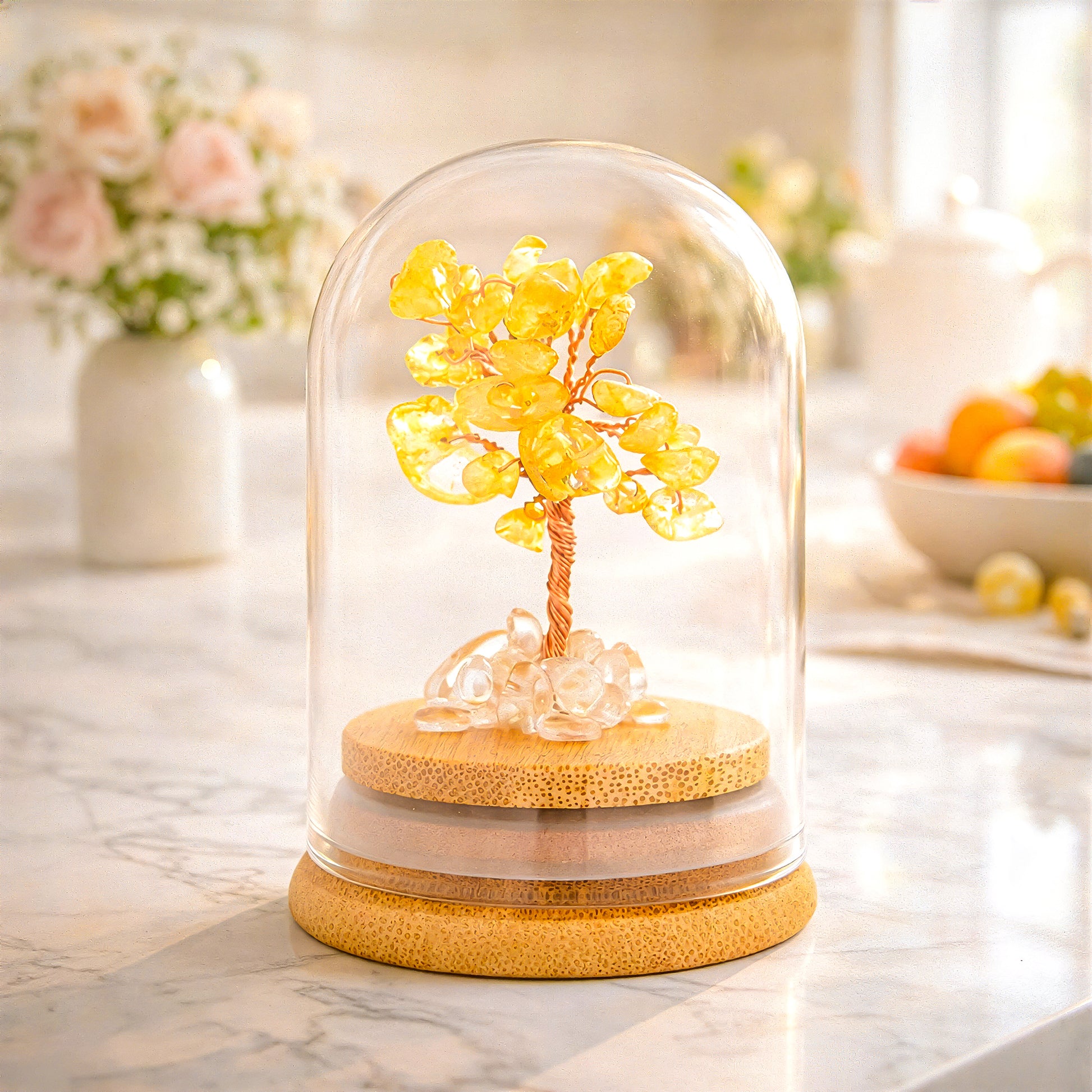 Crystal tree for happiness and success displayed on marble table decor