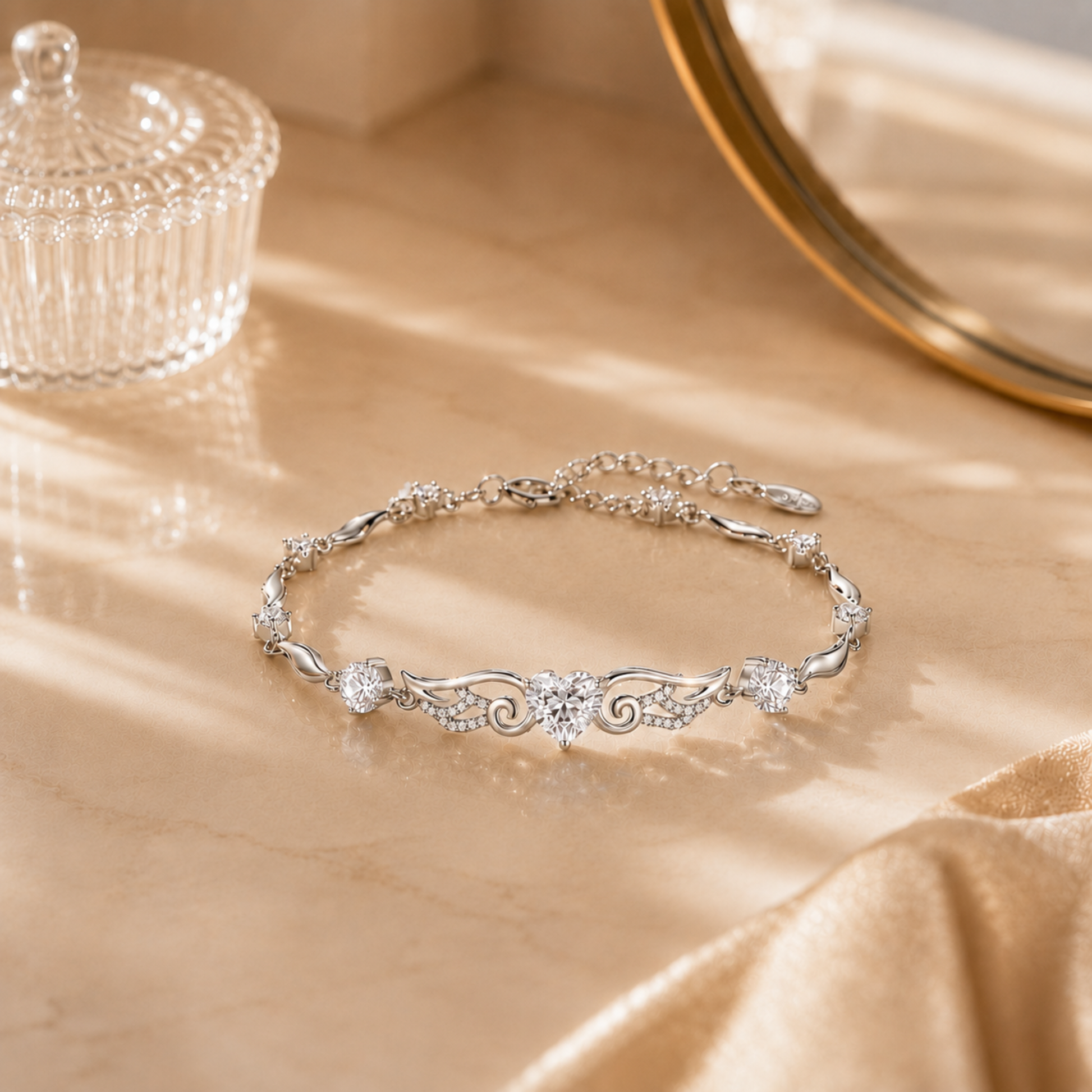 Clear cubic zirconia angel wings heart bracelet displayed on a warm dressing table