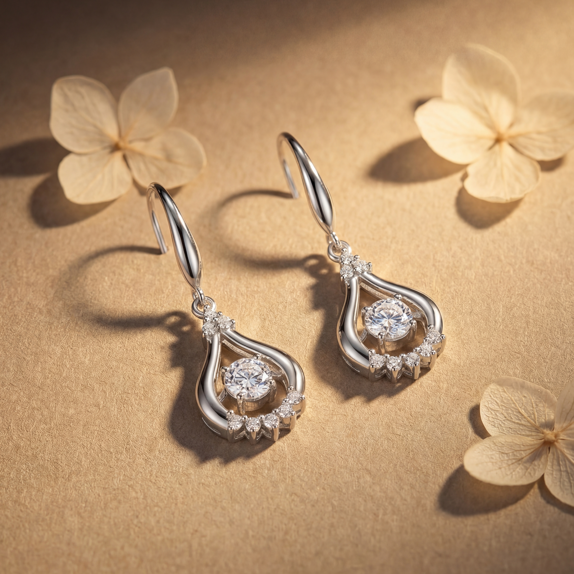 Clear sterling silver teardrop dancing crystal earrings with elegant cubic zirconia sparkle