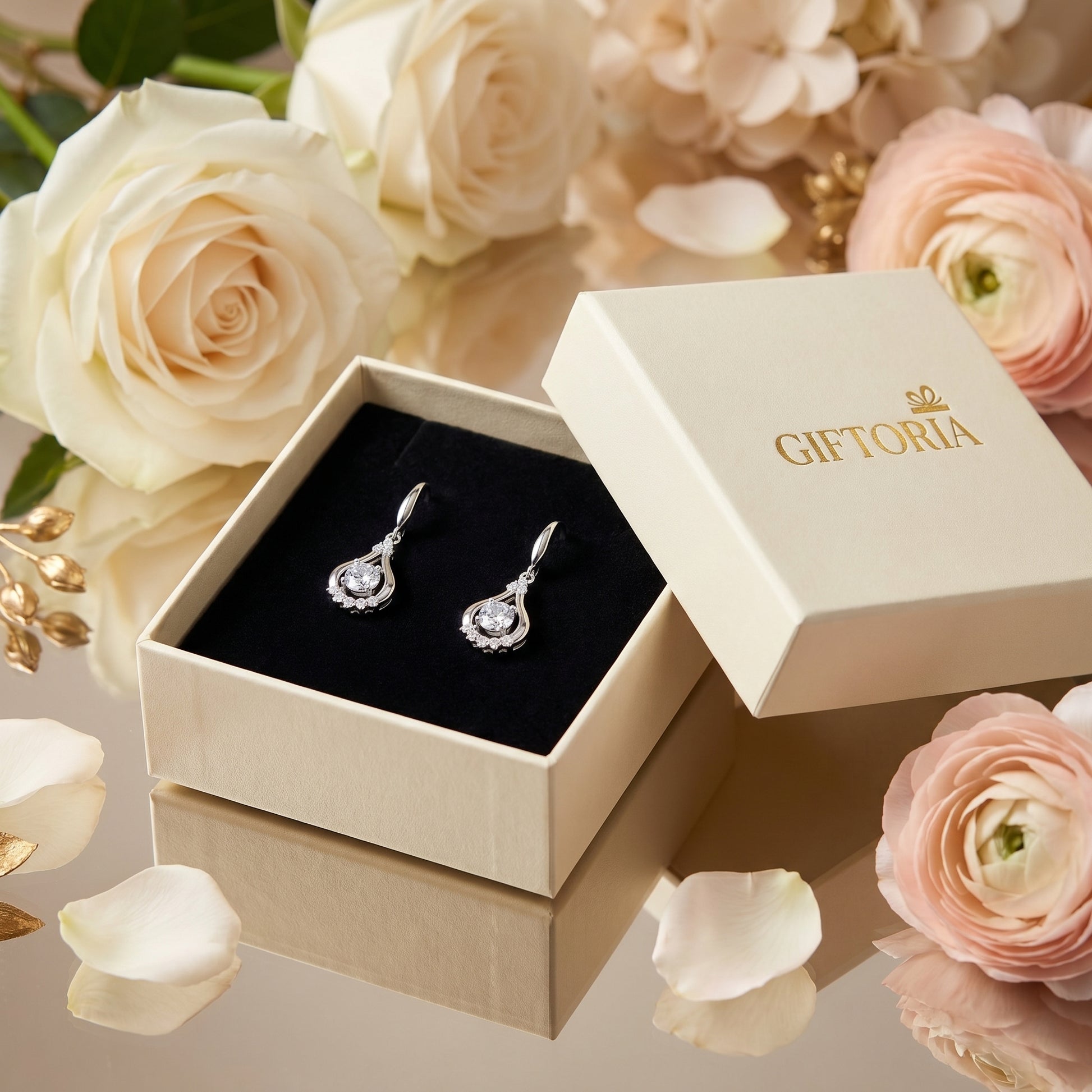 Clear teardrop dancing cubic zirconia earrings in Giftoria gift box with roses