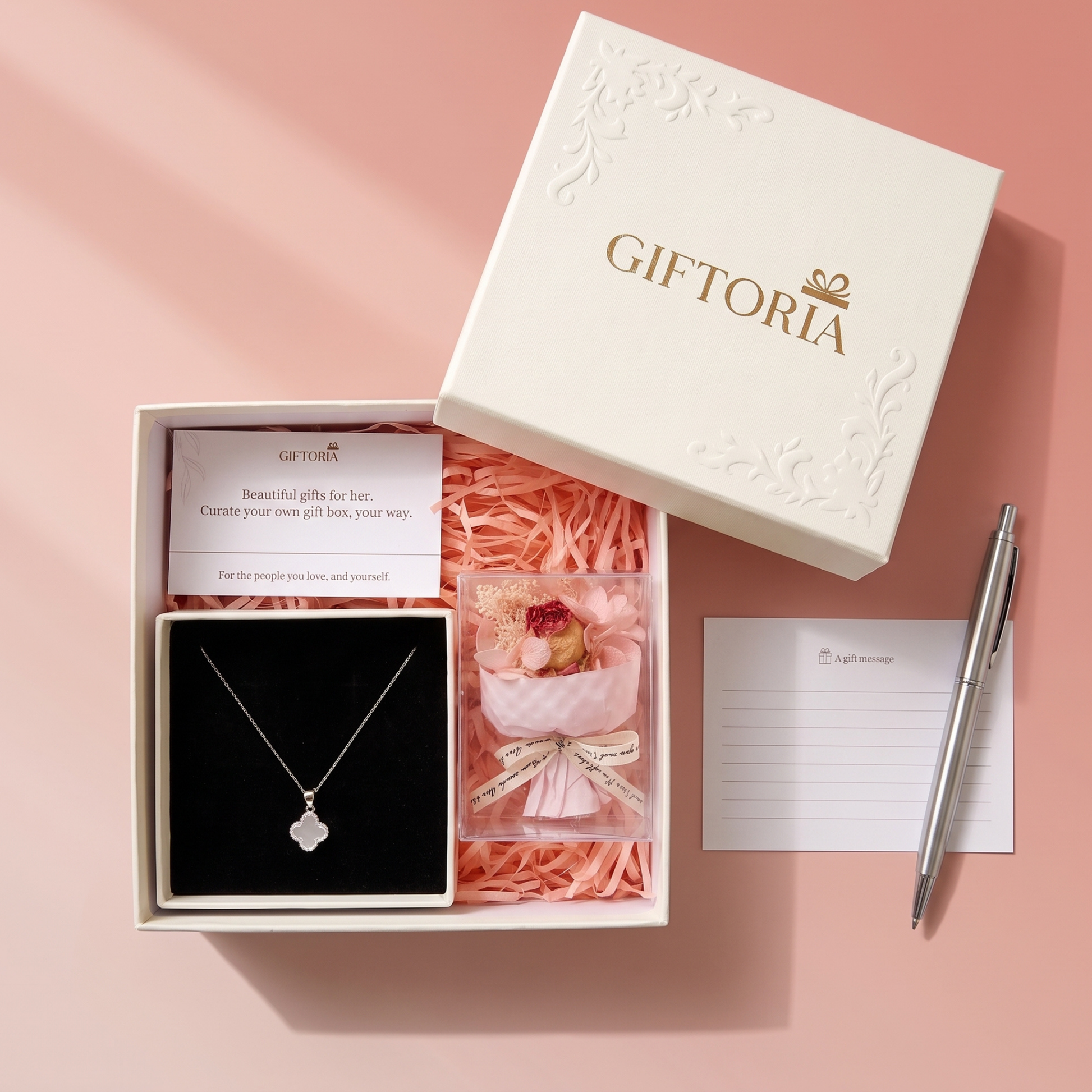 Giftoria clover necklace and dried rose gift set with a personalised gift message card