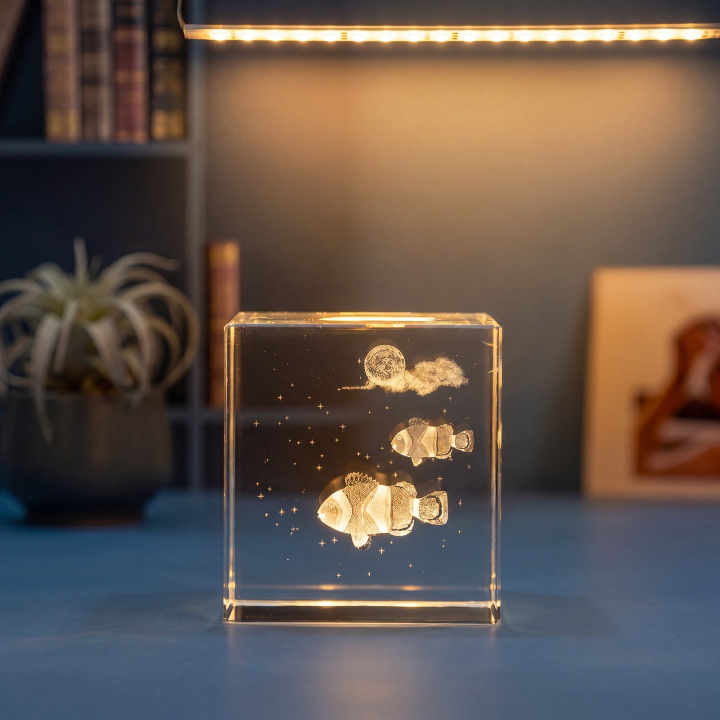 3D crystal cube keepsake with clownfish engraving, a calming ocean gift and decorative piece
