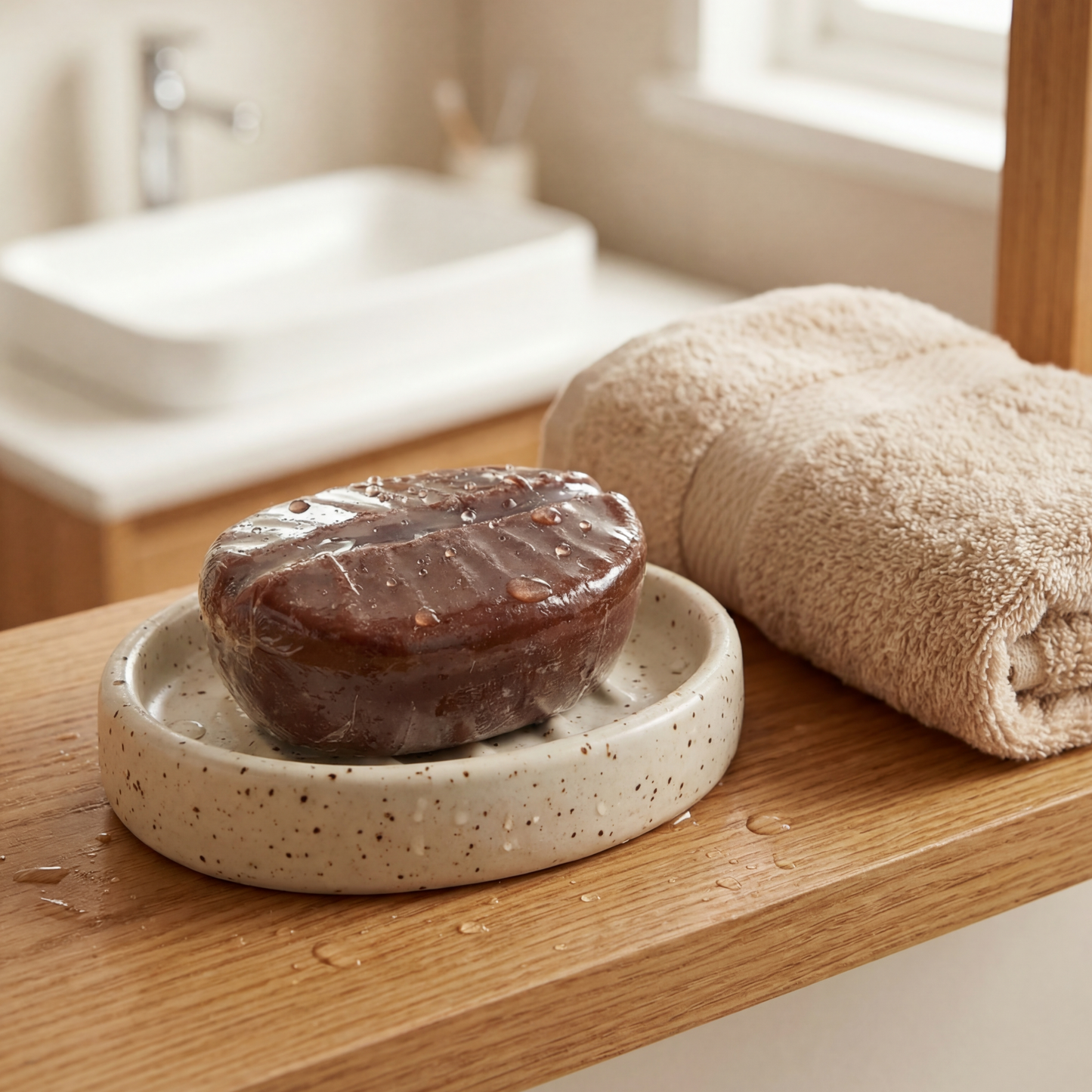 Coffee Bean Soap displayed on soap dish in a bathroom setting