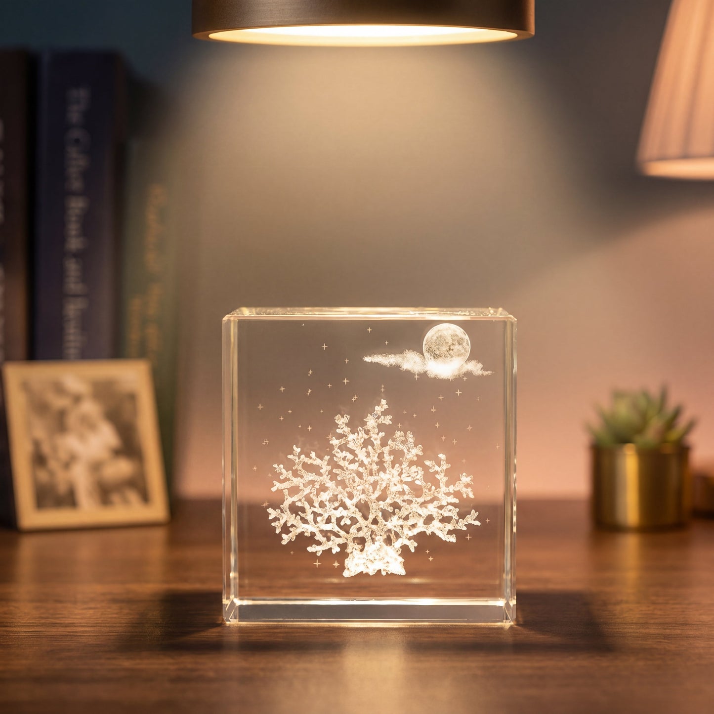 Coral 3D engraved crystal cube keepsake, a peaceful crystal décor piece for home or office