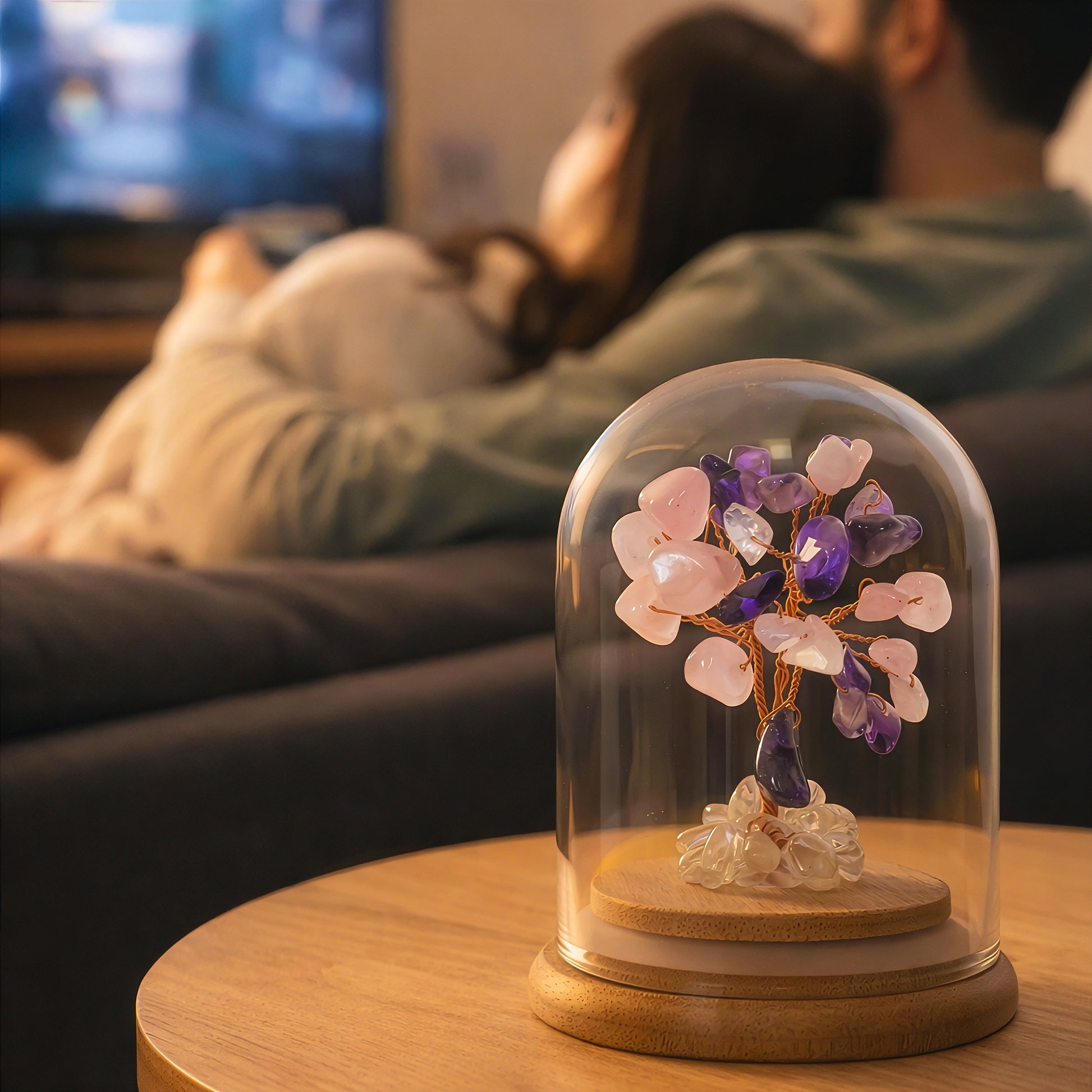 Crystal tree symbolising love and compassion placed in living room, thoughtful gift for meaningful moments