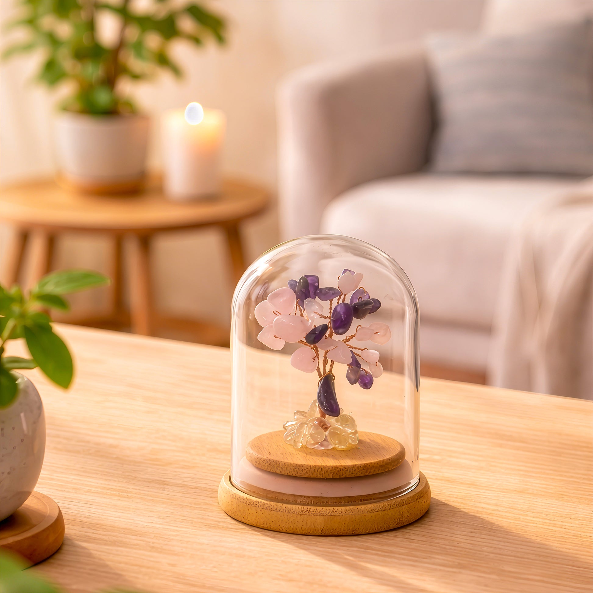 Minimalist crystal tree for love and compassion displayed on light wood table as peaceful decor