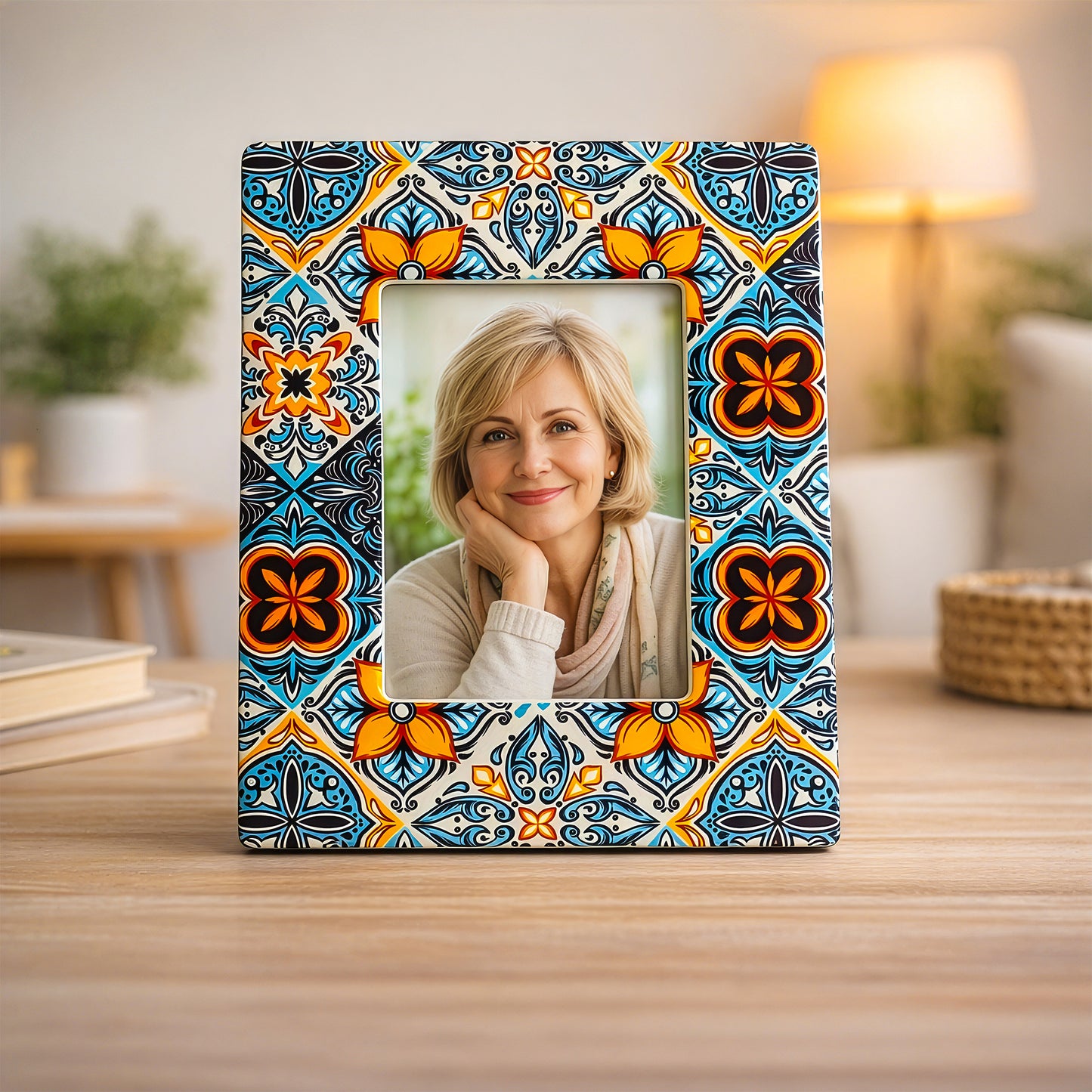 Decorative ceramic photo frame displayed in living room