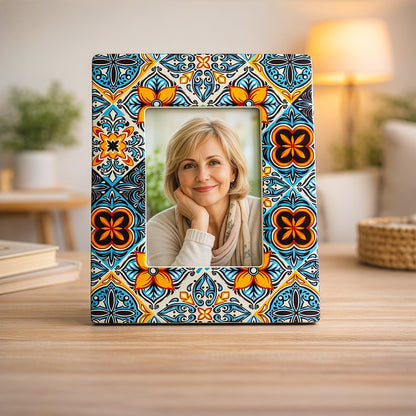 Decorative ceramic photo frame displayed in living room