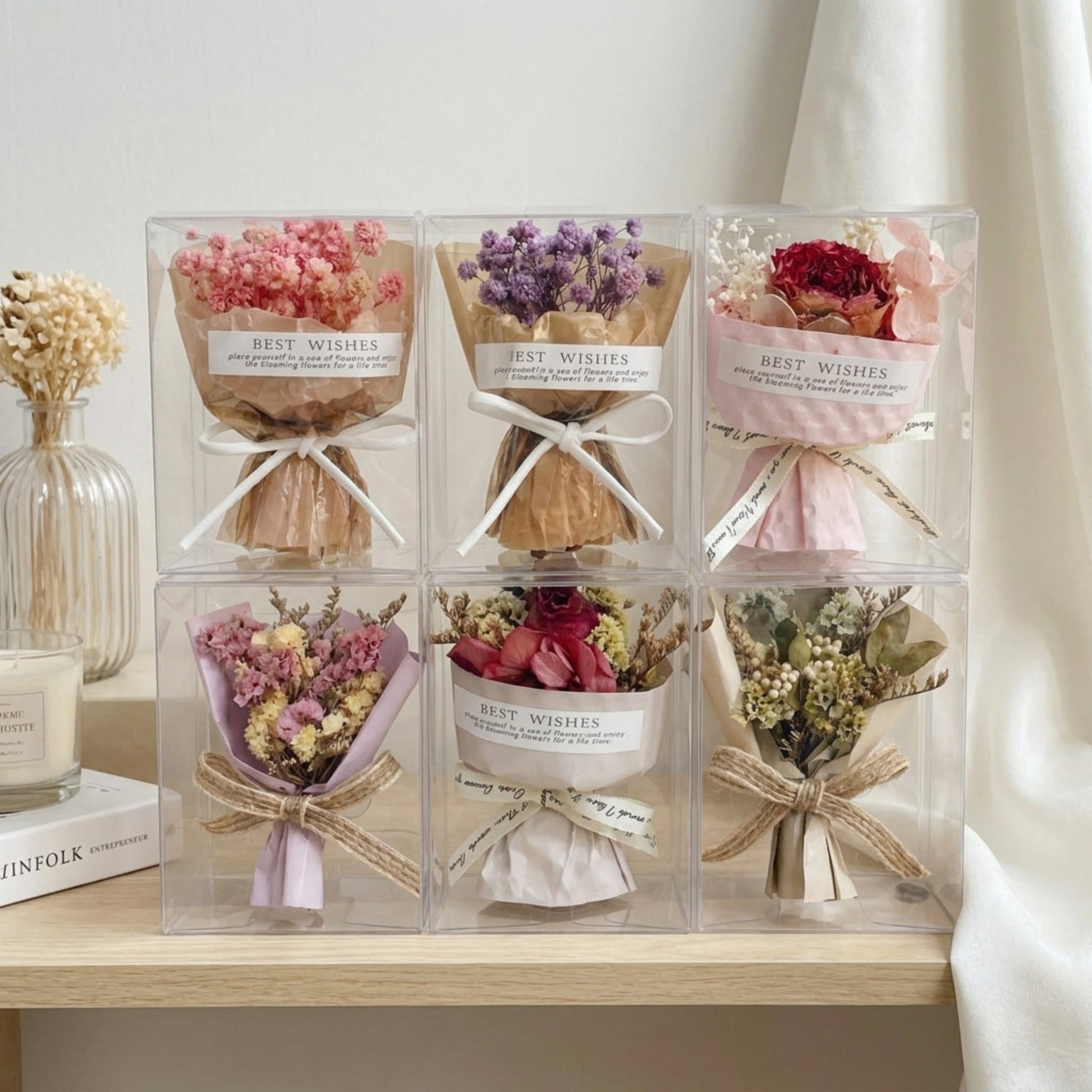 Gift-ready mini dried flower bouquet boxes with preserved rose and baby’s breath colour options, elegant flower gifts for her in Australia