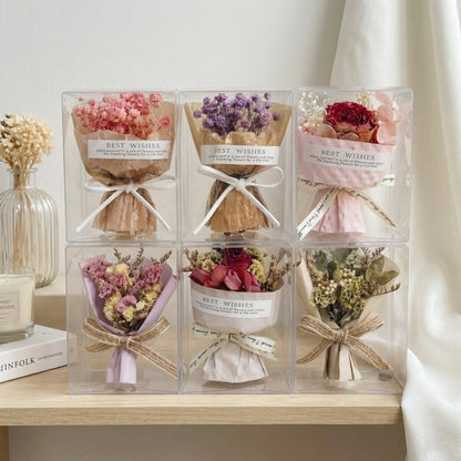 Gift-ready mini dried flower bouquet boxes with preserved rose and baby’s breath colour options, elegant flower gifts for her in Australia